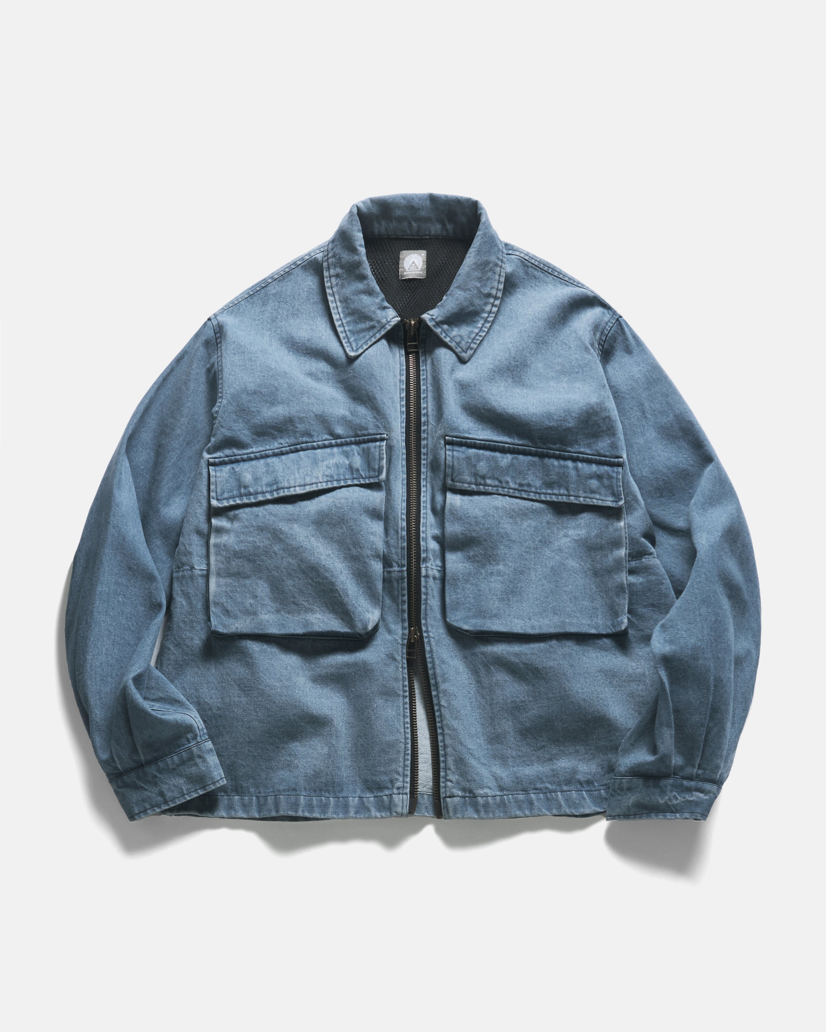 BELLOWS ZIP FRONT COACH'S JACKET - BLEACHED 13 oz. DENIM