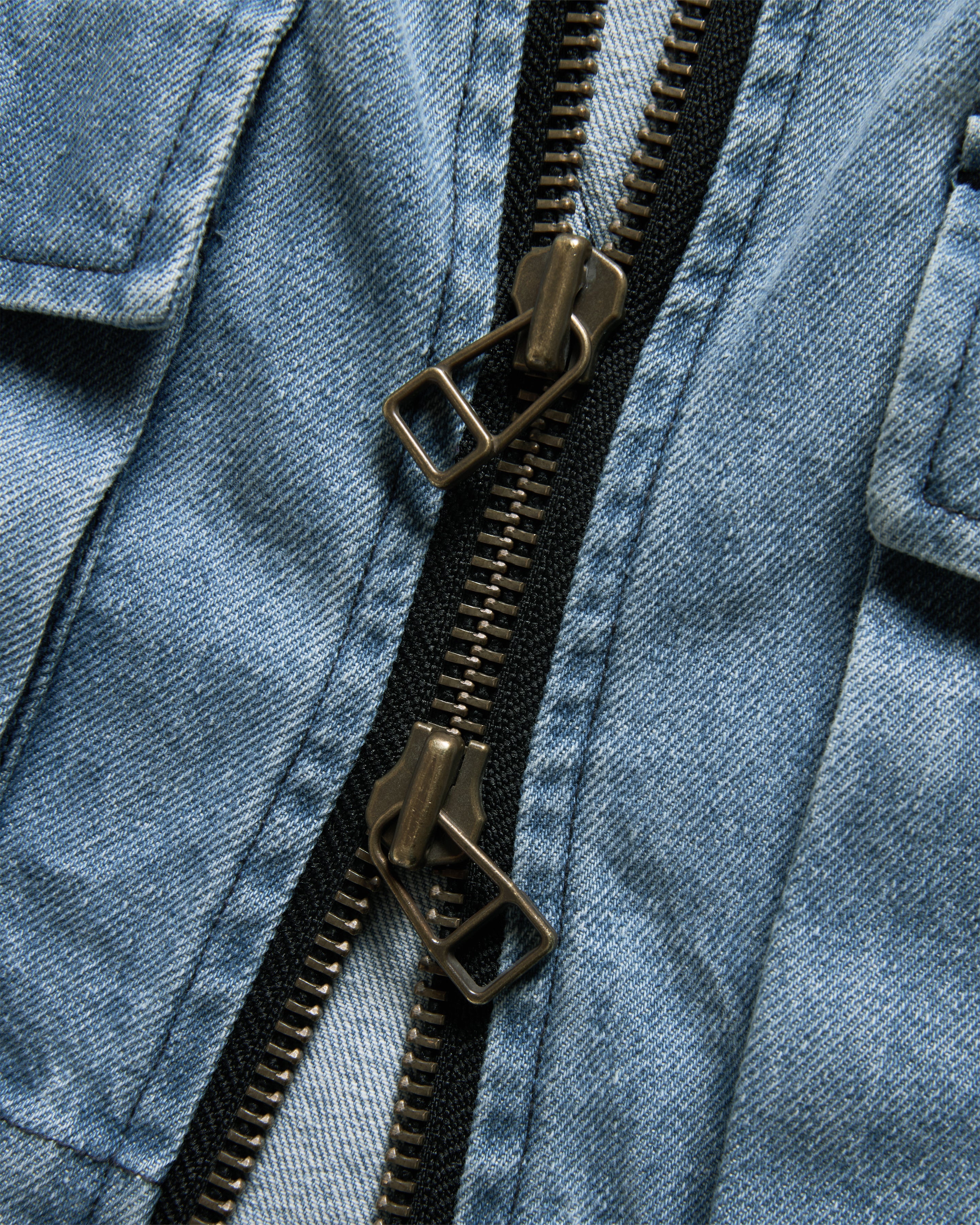 BELLOWS ZIP FRONT COACH'S JACKET - BLEACHED 13 oz. DENIM