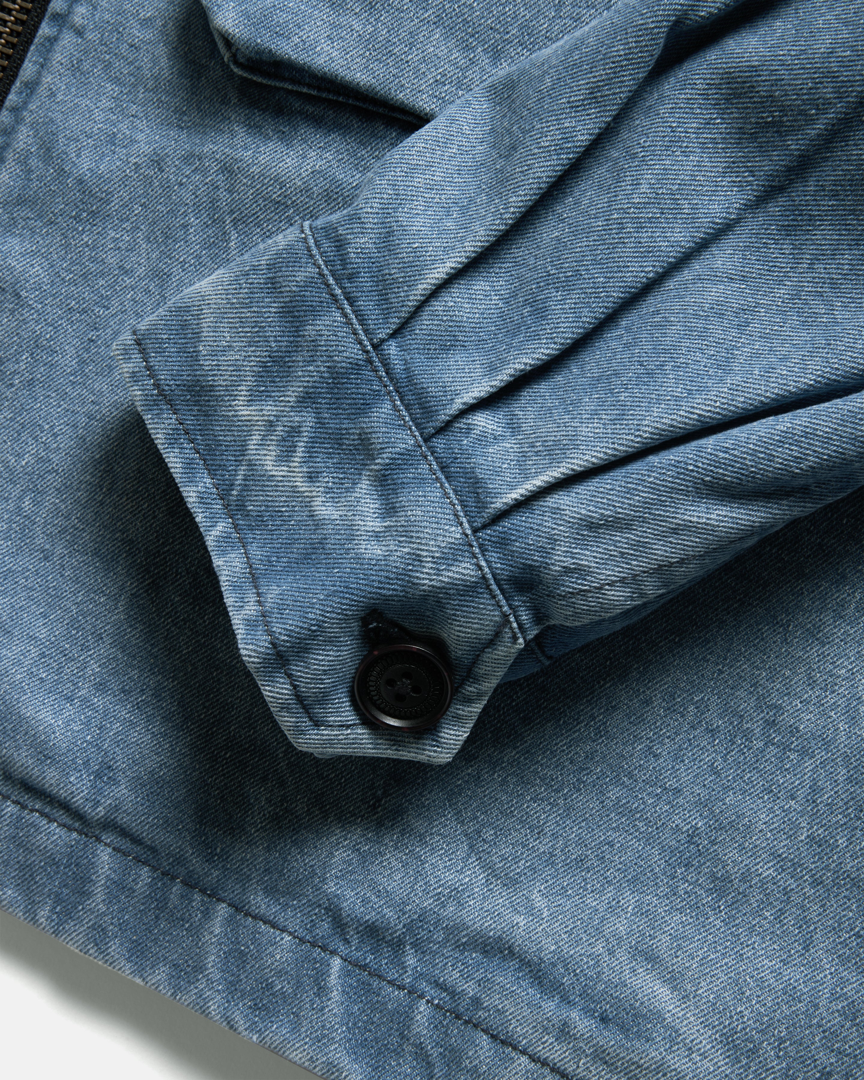 BELLOWS ZIP FRONT COACH'S JACKET - BLEACHED 13 oz. DENIM