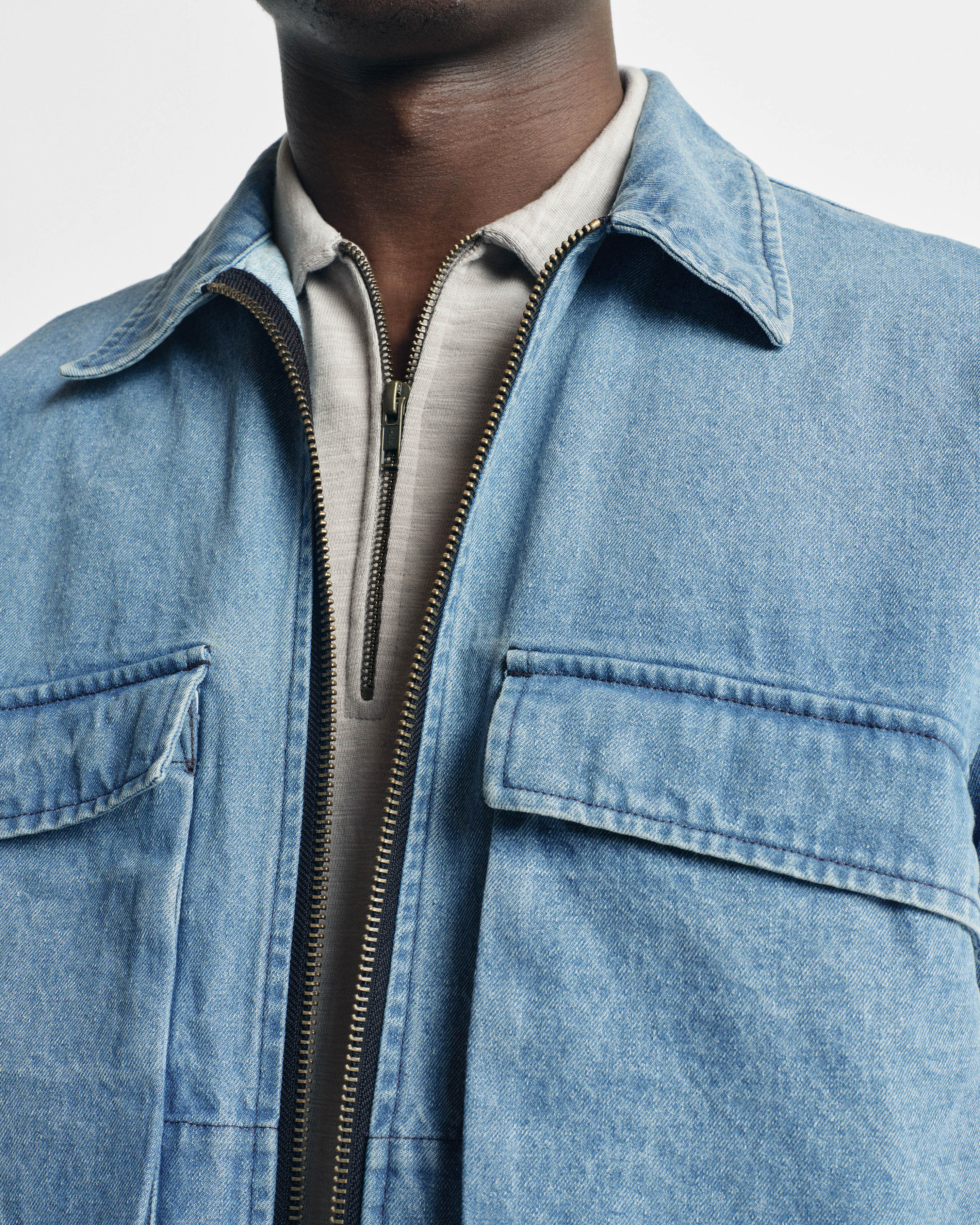 BELLOWS ZIP FRONT COACH'S JACKET - BLEACHED 13 oz. DENIM