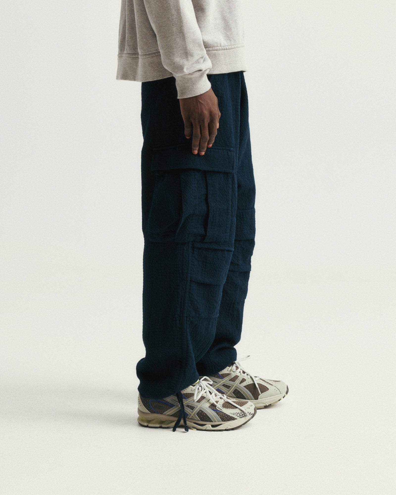 GORECKI CARGO PANT - NAVY DOUBLE WEAVE JACQUARD COTTON