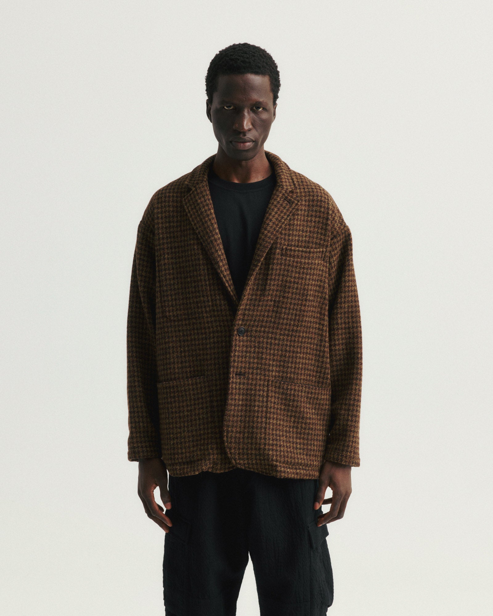 ASHEVILLE OVERSIZED BLAZER - OLIVE / FONDENTE BROWN WOOLEN HOUNDSTOOTH TWEED