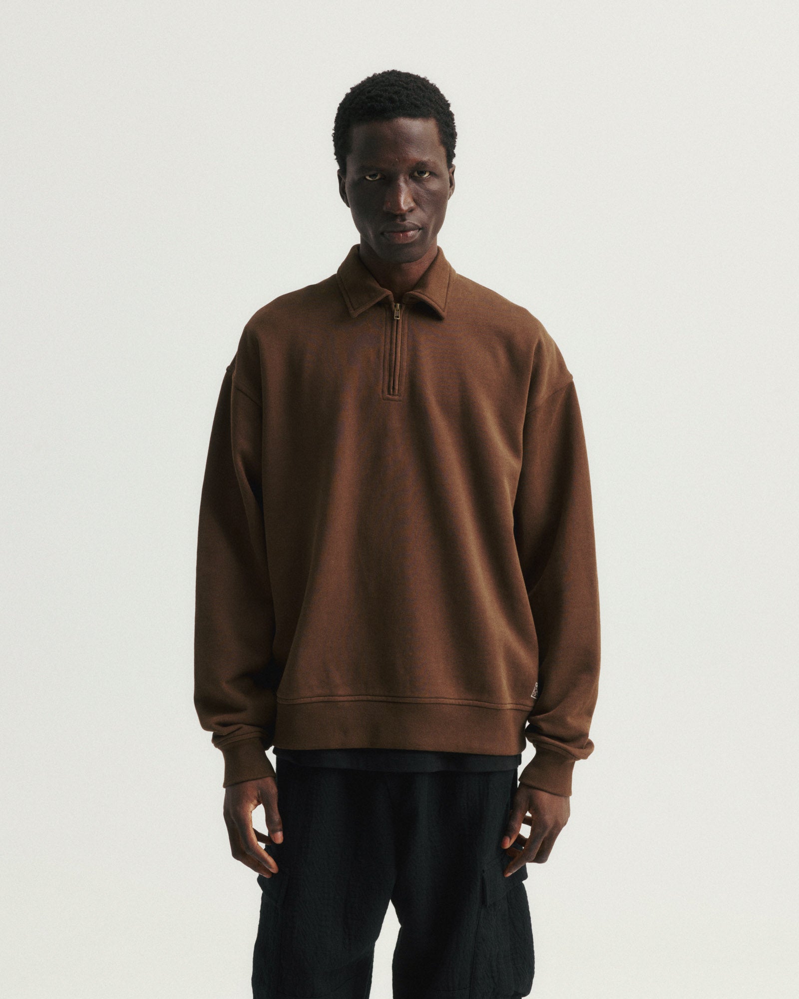 COLLAN ZIP COLLAR SWEATSHIRT - FONDENTE BROWN 19oz. ALL COTTON LOOPBACK TERRY FLEECE