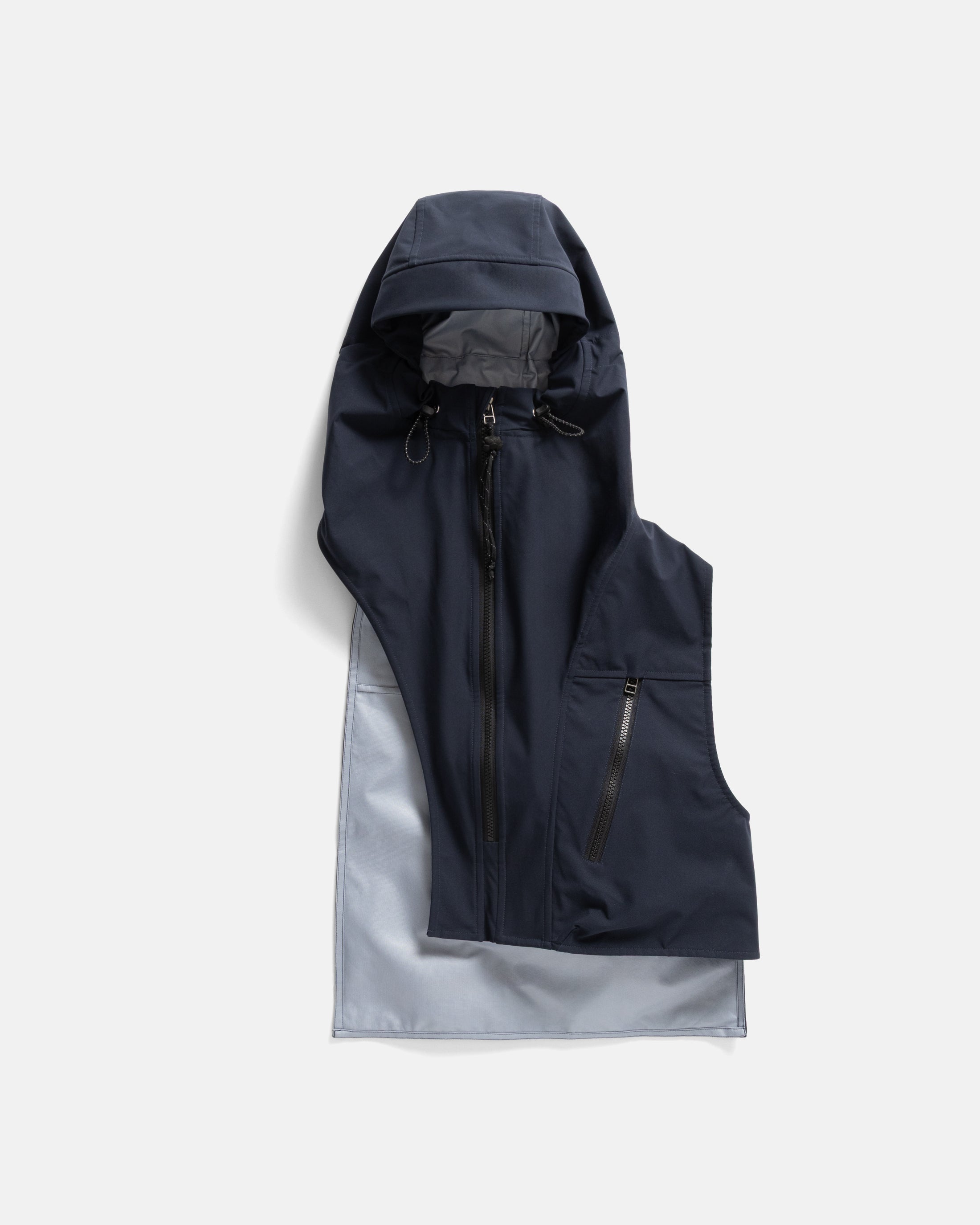 ASYMMETRICAL RAINSHADOW HOODED VEST - NOCTURN NAVY WATER-REPELLENT 3L BONDED MEMBRANE