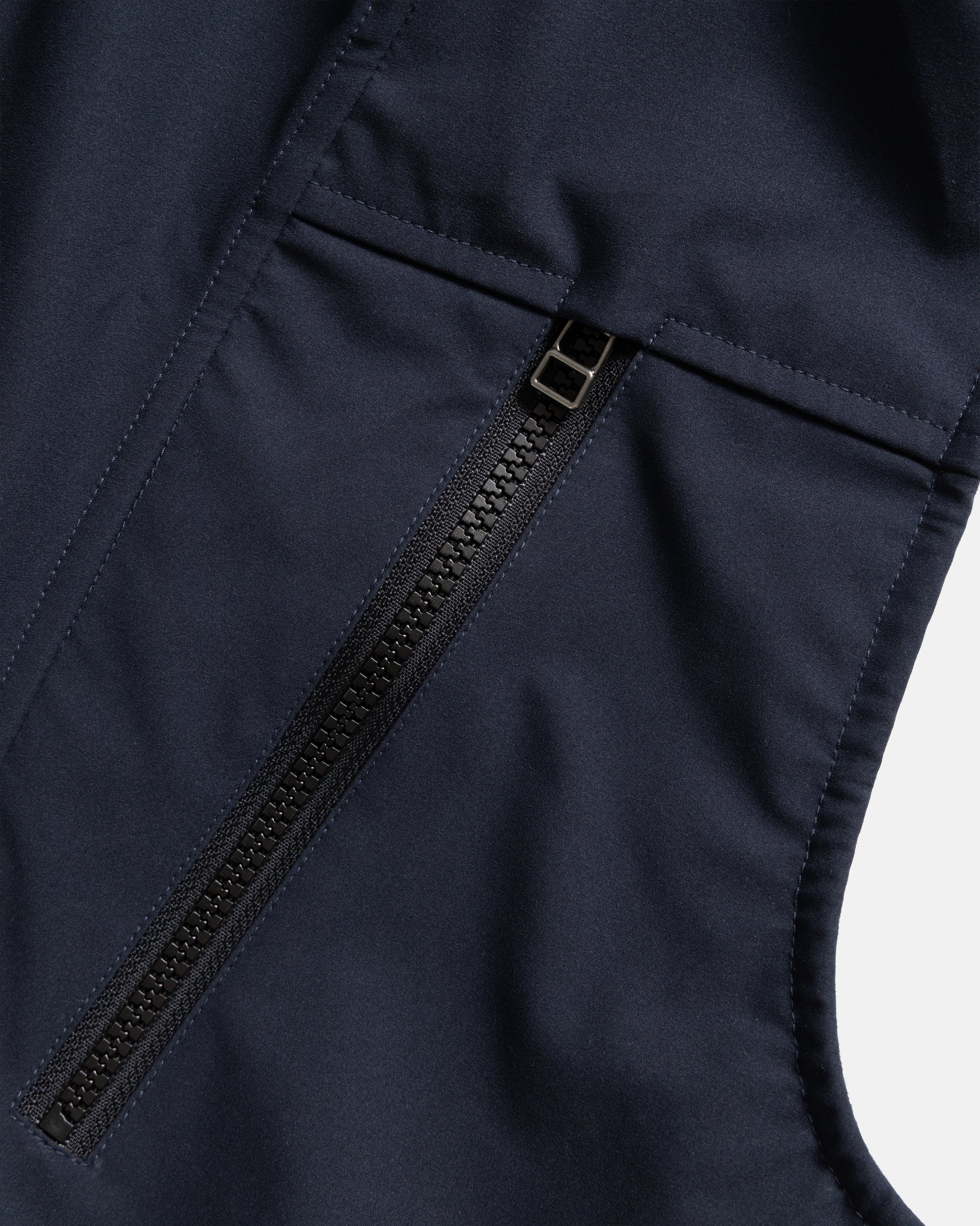 ASYMMETRICAL RAINSHADOW HOODED VEST - NOCTURN NAVY WATER-REPELLENT 3L BONDED MEMBRANE