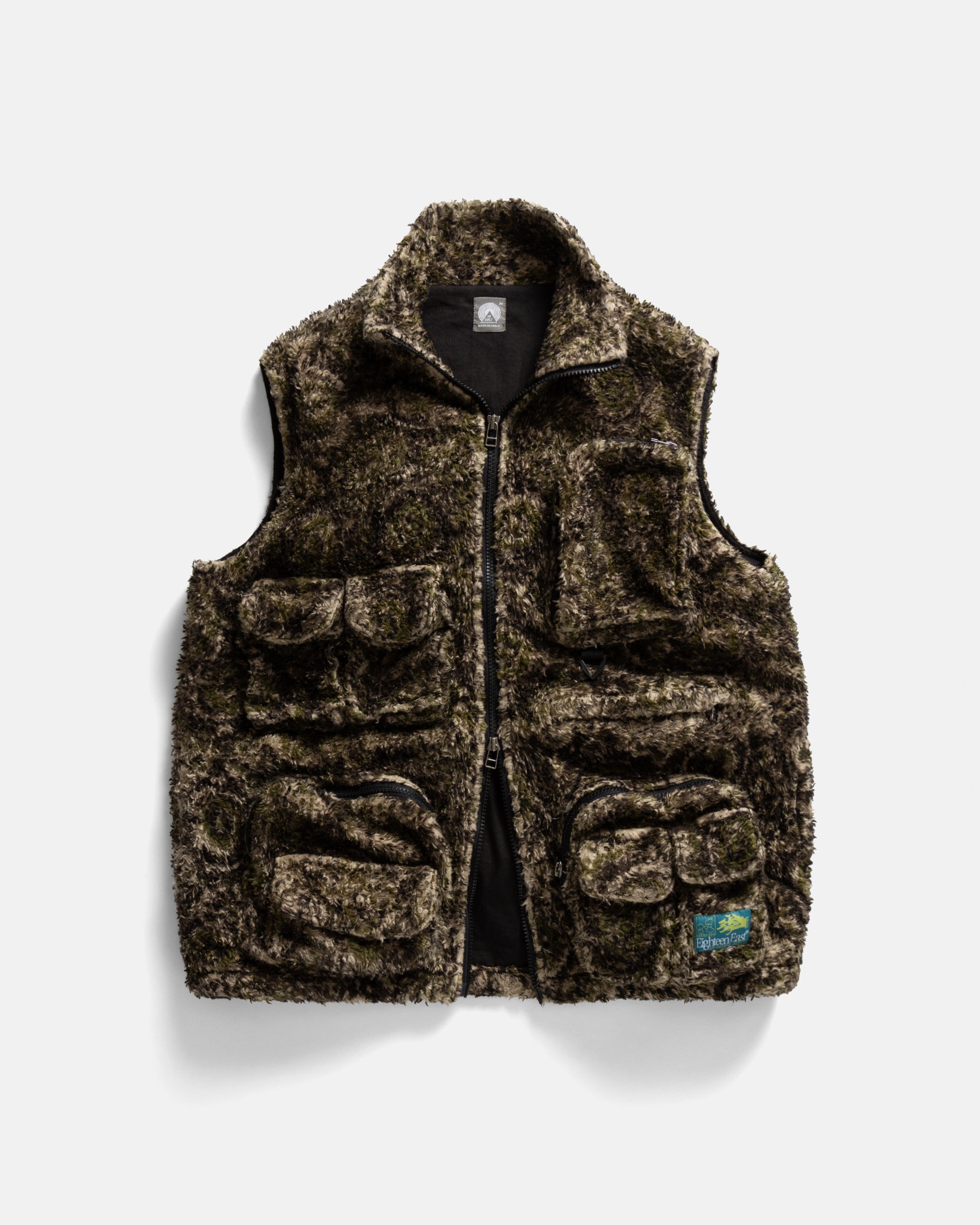 BANKS UTILITY FLEECE VEST- BLACK / ECRU / AGED OLIVE BLOCK PRINTED ORGANIC ORGANIC COTTON SHERPA