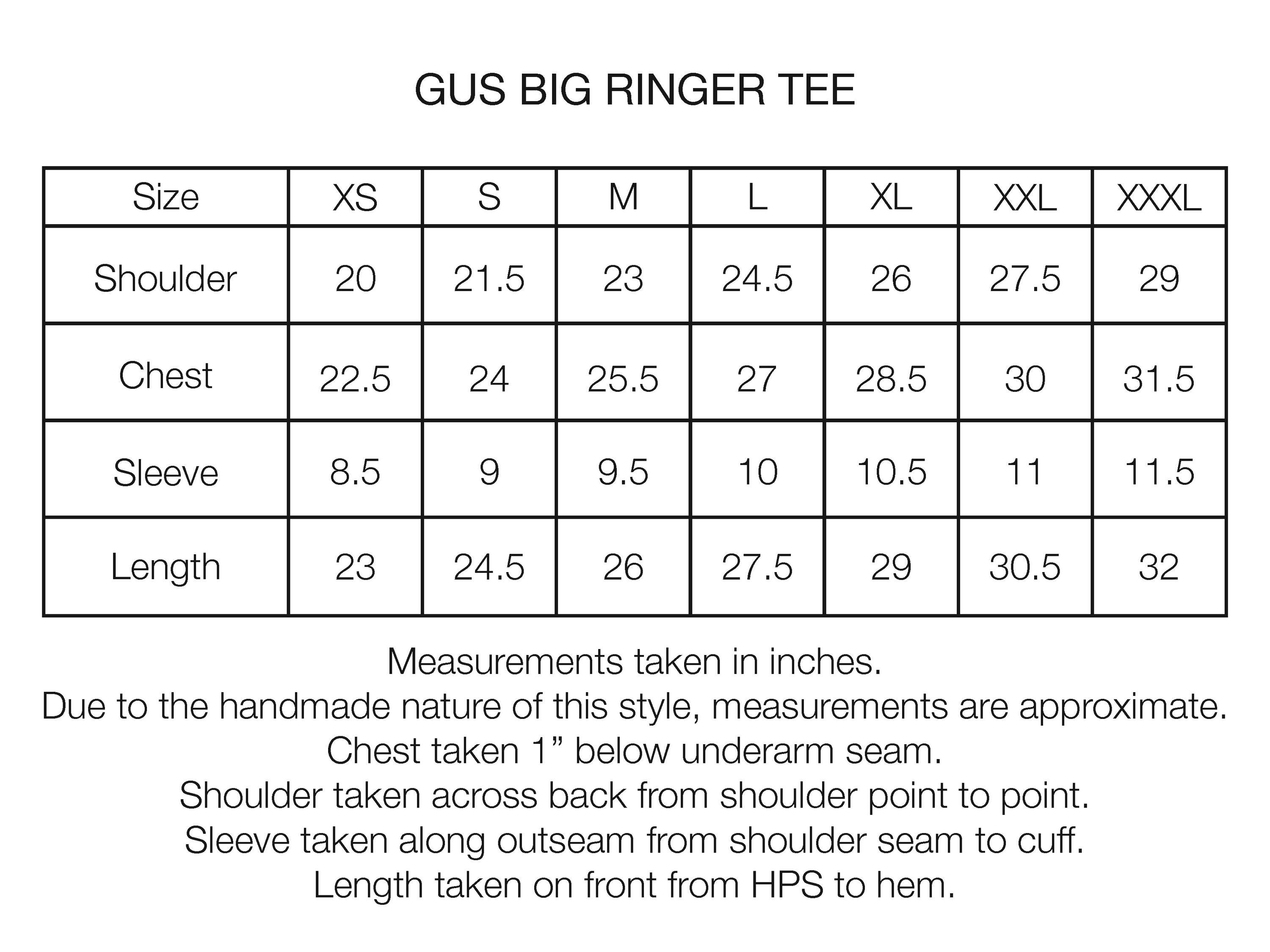 GUS BIG RINGER TEE - UNDYED / INDIGO / BUTTER / FATIGUE GREEN BLOCKPRINTED 7.75 oz. ALL SEASON COTTON JERSEY