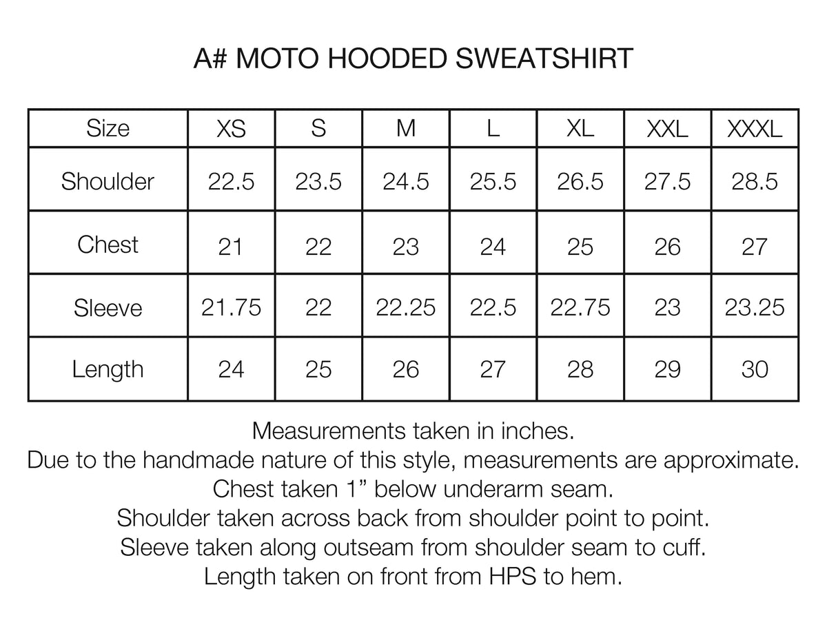 A# MOTO HOODED SWEATSHIRT - PRACTICE HEATHER HAND BLOCK PRINTED 19oz. ALL COTTON LOOPBACK TERRY FLEECE