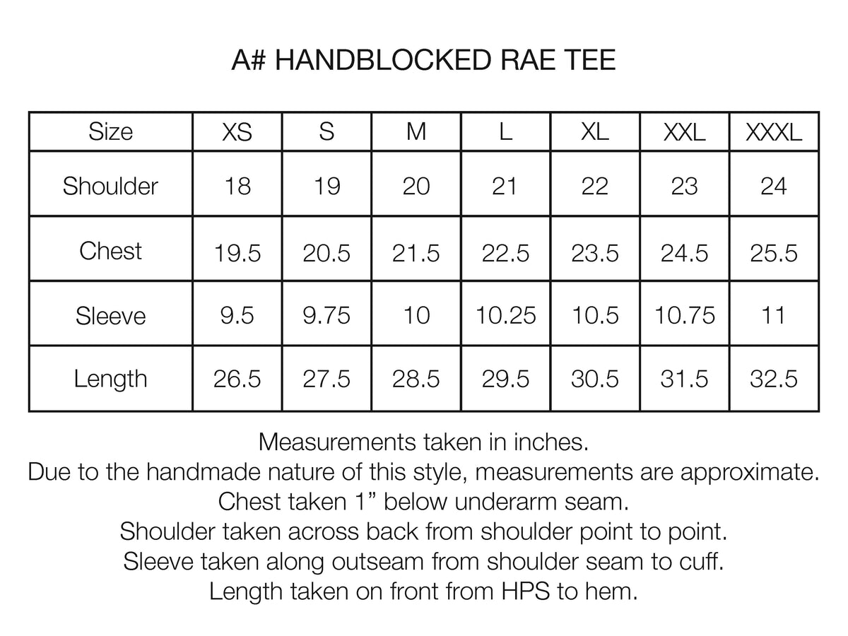 A# HAND BLOCK PRINTED RAE ALY TEE - MIRKWOOD / WHITE / SILVER 7.75 oz. ALL SEASON COTTON JERSEY