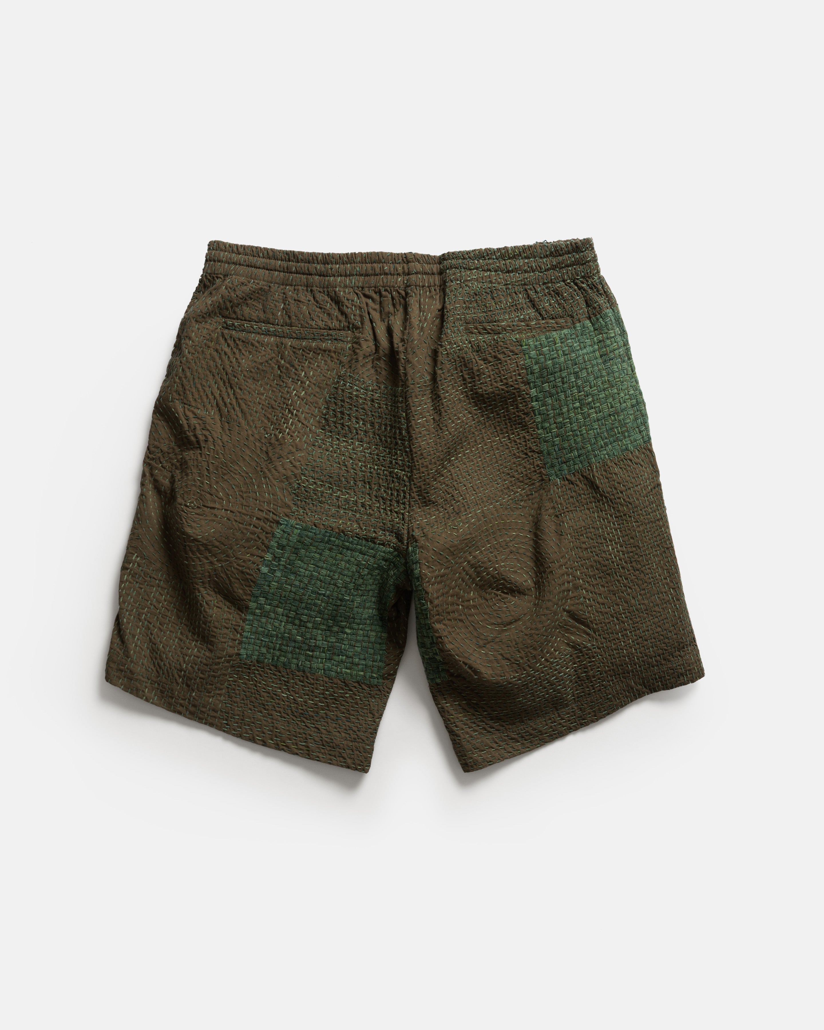 JAIPUR EASY SHORTS - OLIVE / "GRINDIGO" PATCHWORK KANTHA STITCHED COTTON CANVAS