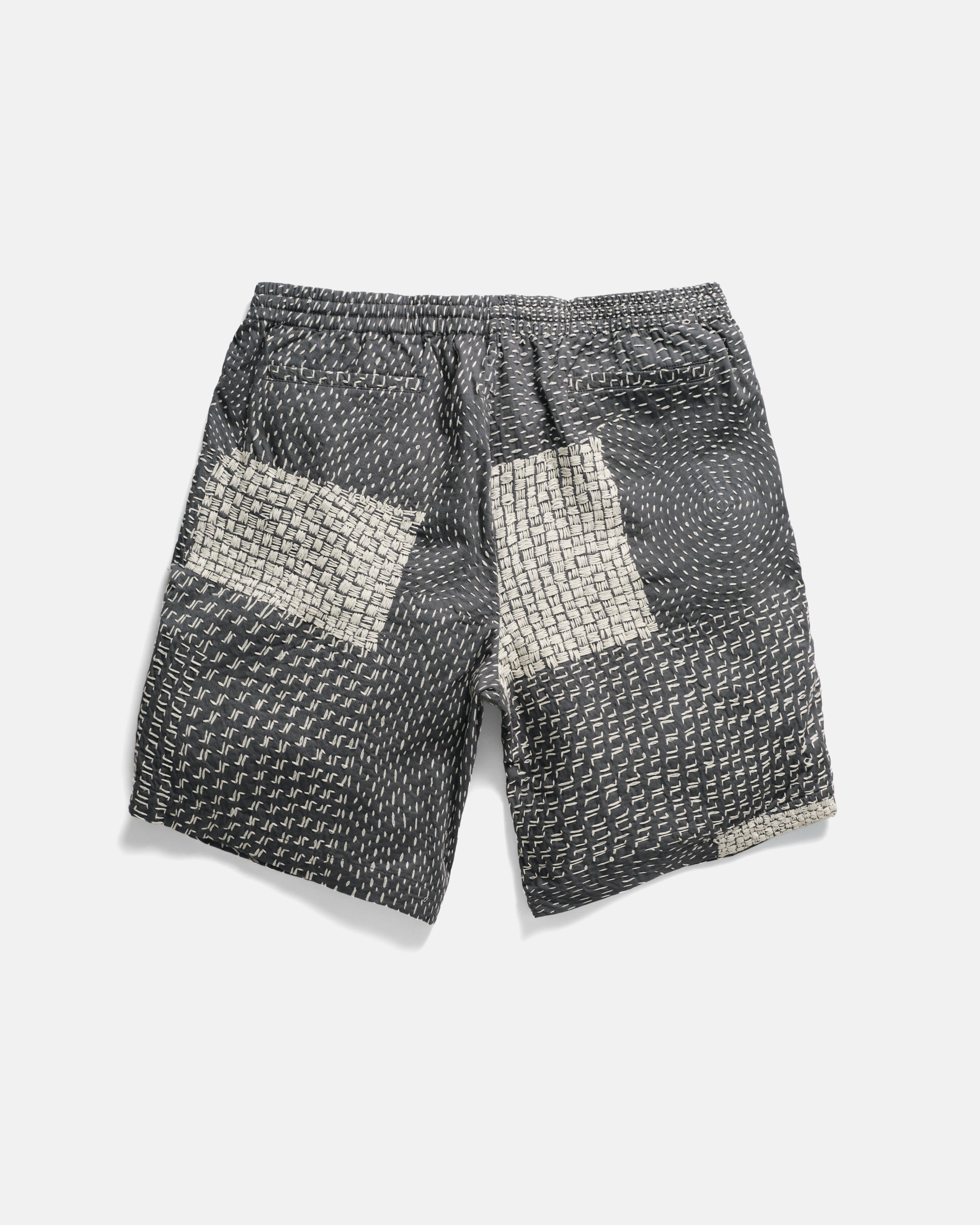 JAIPUR EASY SHORTS - WASHED SLATE/ECRU PATCHWORK KANTHA STITCHED COTTON CANVAS