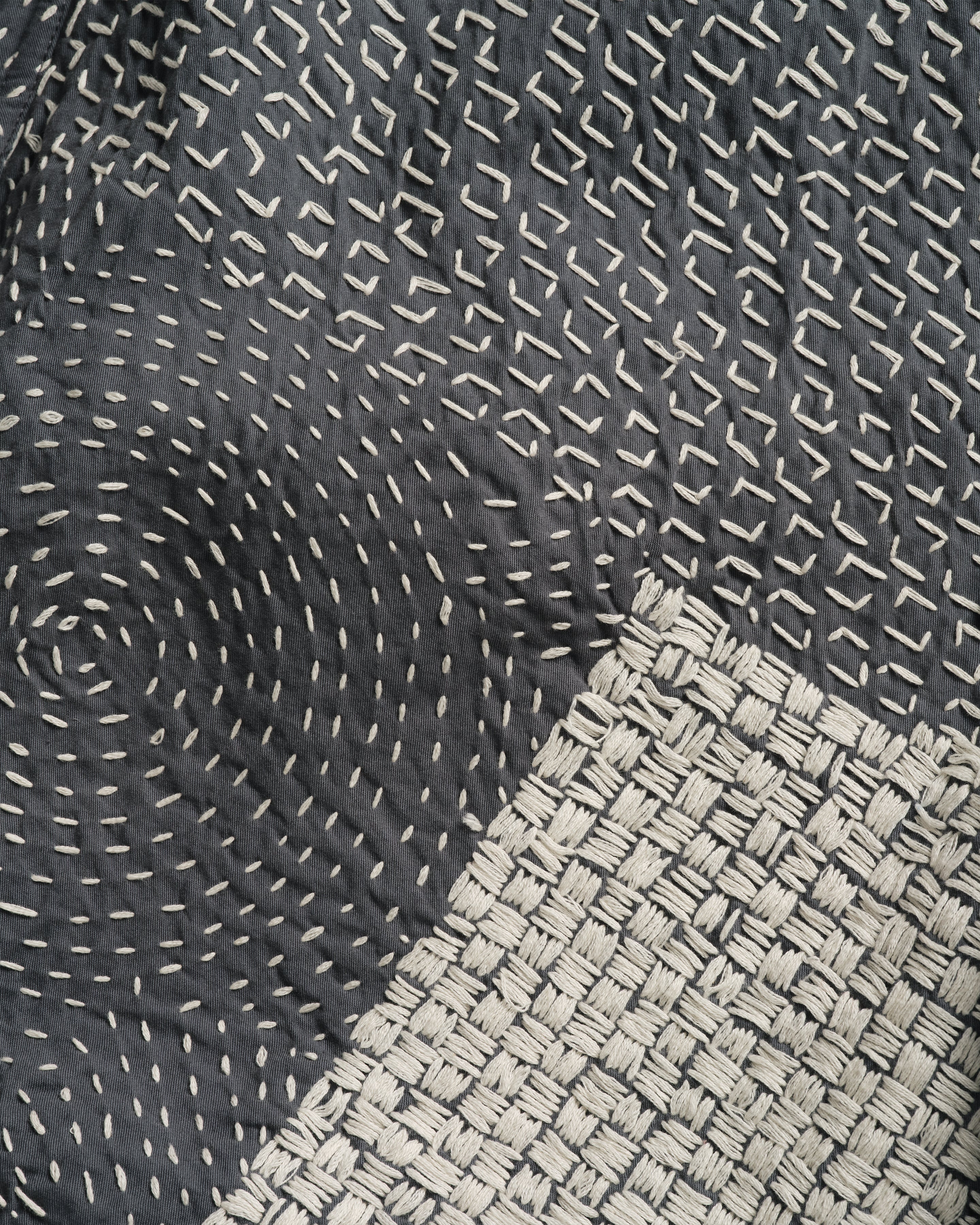 JAIPUR EASY SHORTS - WASHED SLATE/ECRU PATCHWORK KANTHA STITCHED COTTON CANVAS