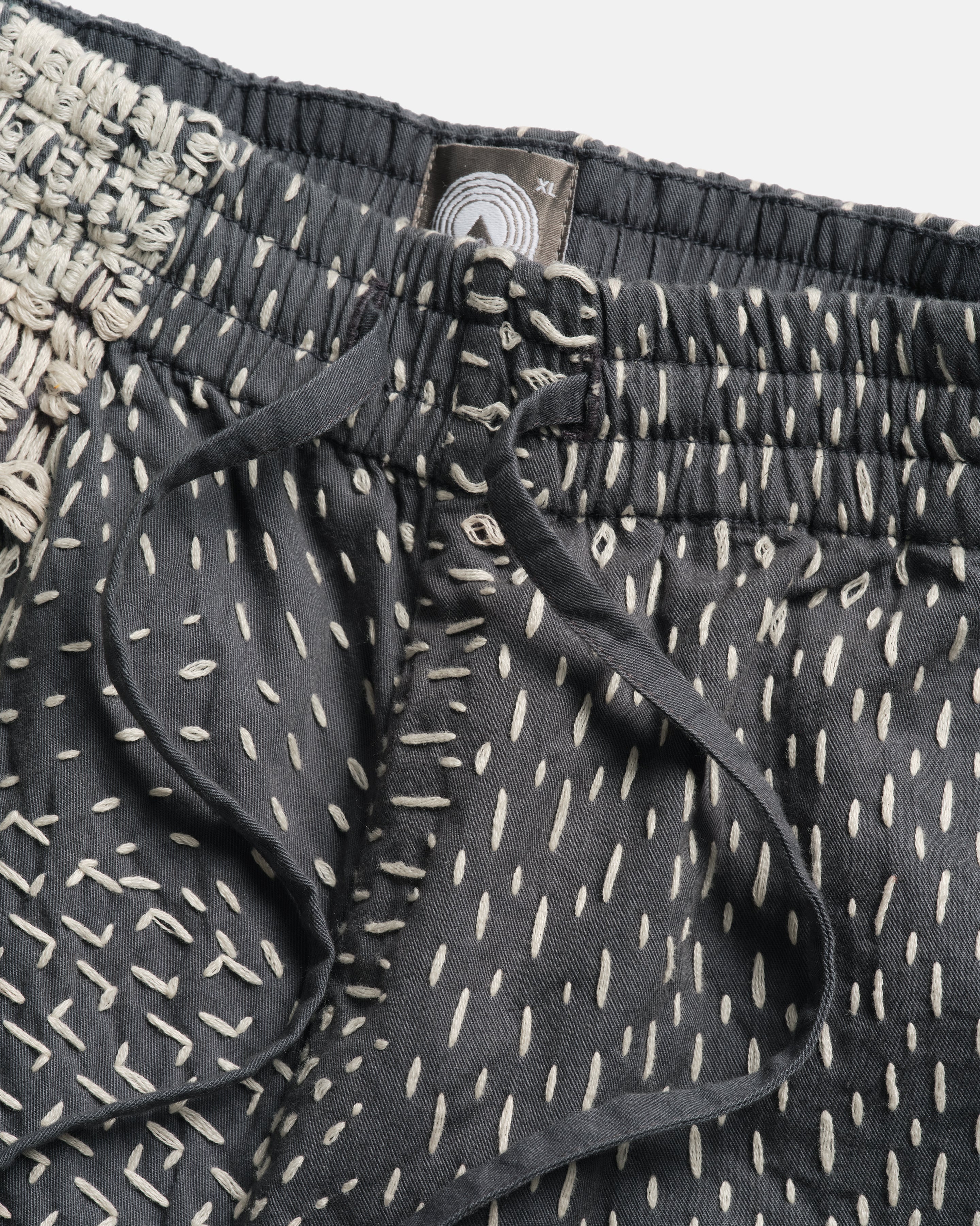 JAIPUR EASY SHORTS - WASHED SLATE/ECRU PATCHWORK KANTHA STITCHED COTTON CANVAS