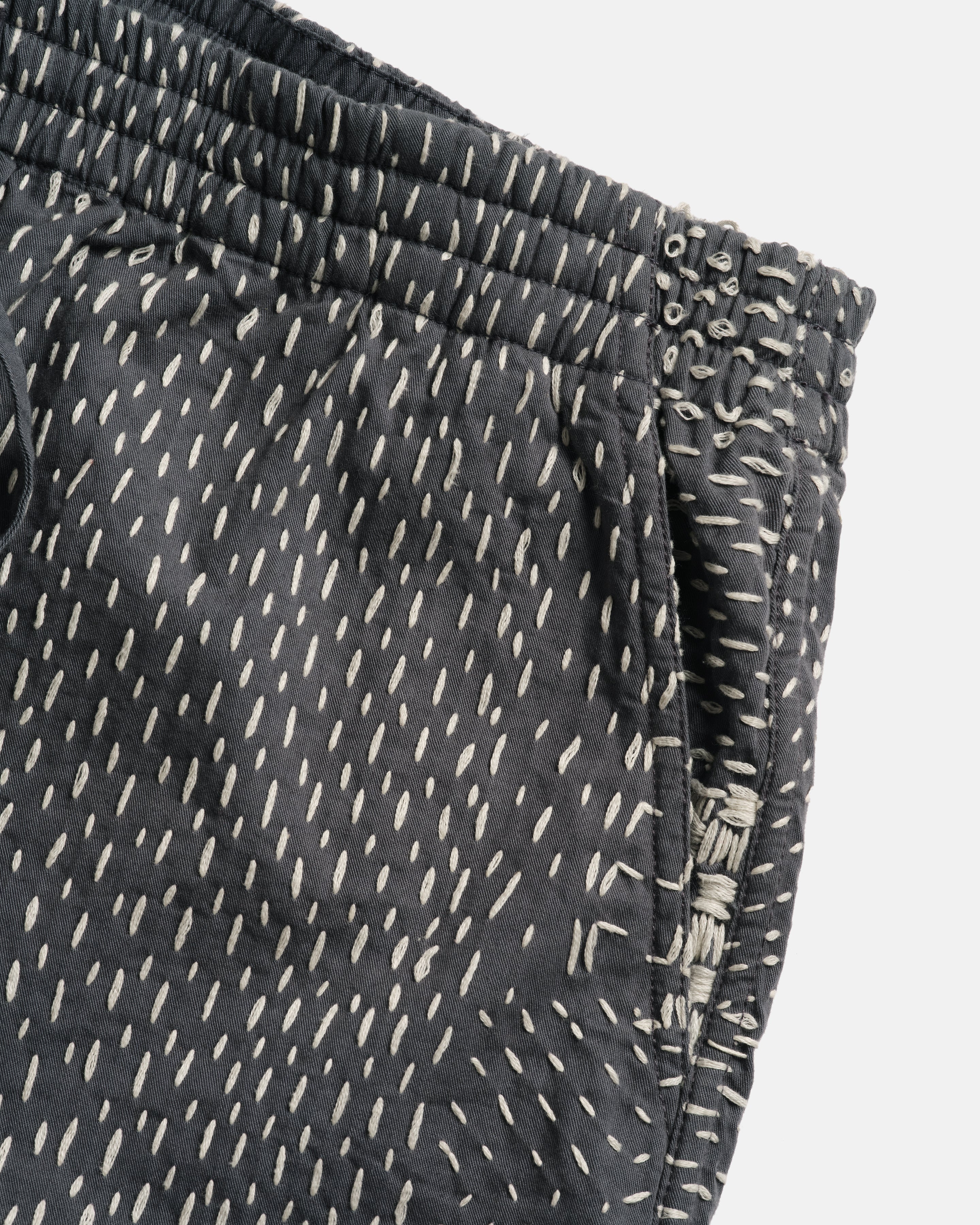 JAIPUR EASY SHORTS - WASHED SLATE/ECRU PATCHWORK KANTHA STITCHED COTTON CANVAS