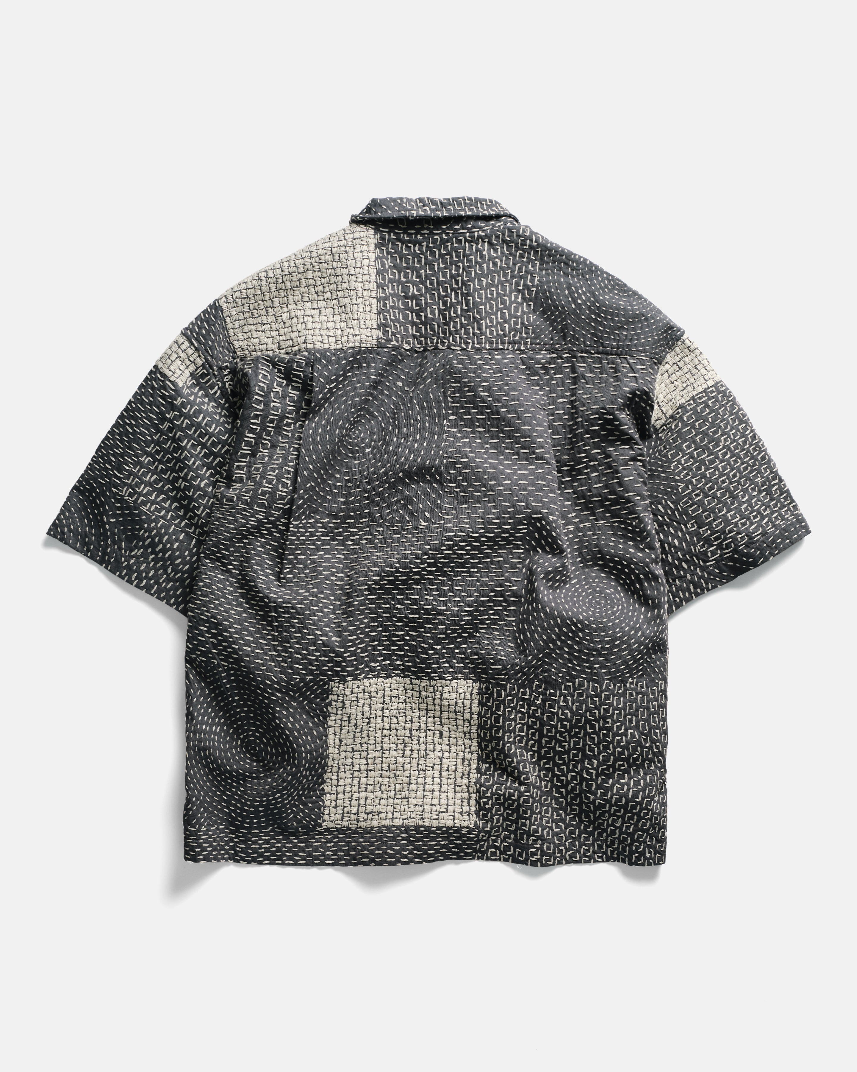 S/S WES SHIRT - WASHED SLATE/ECRU PATCHWORK KANTHA STITCHED COTTON CANVAS