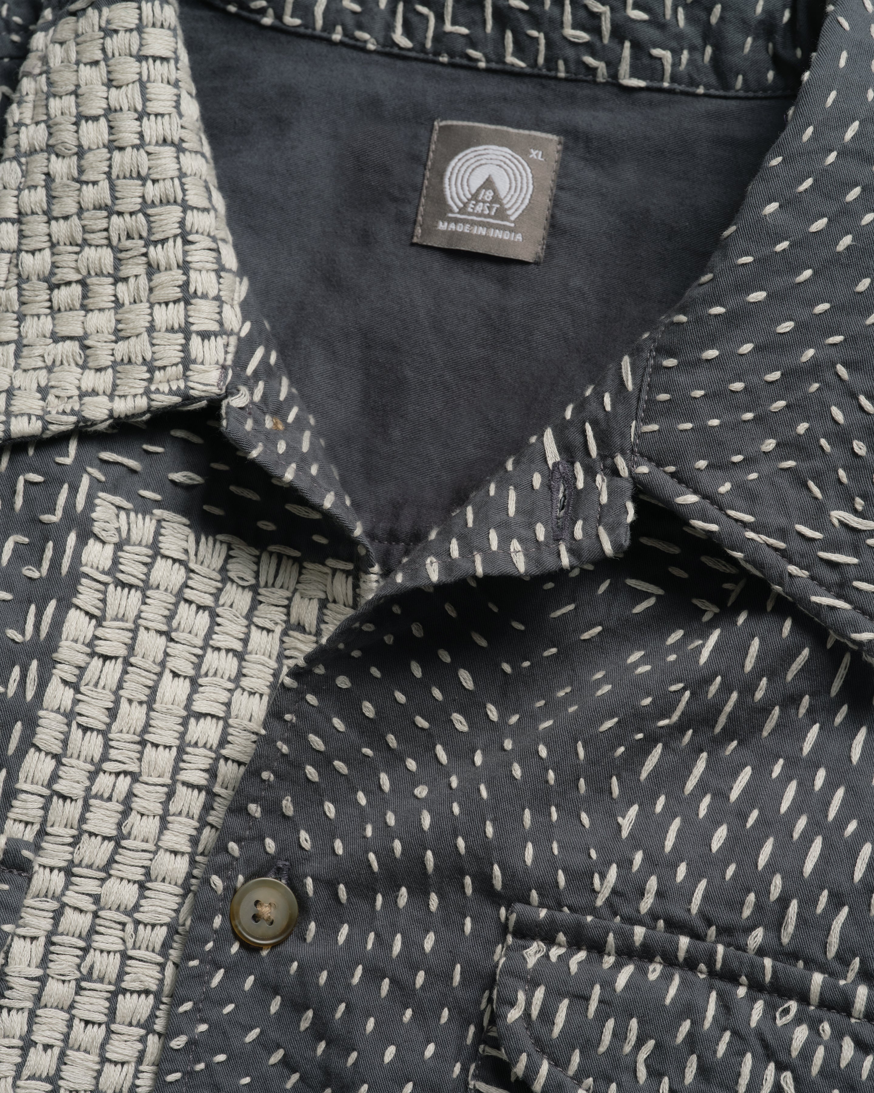 S/S WES SHIRT - WASHED SLATE/ECRU PATCHWORK KANTHA STITCHED COTTON CANVAS