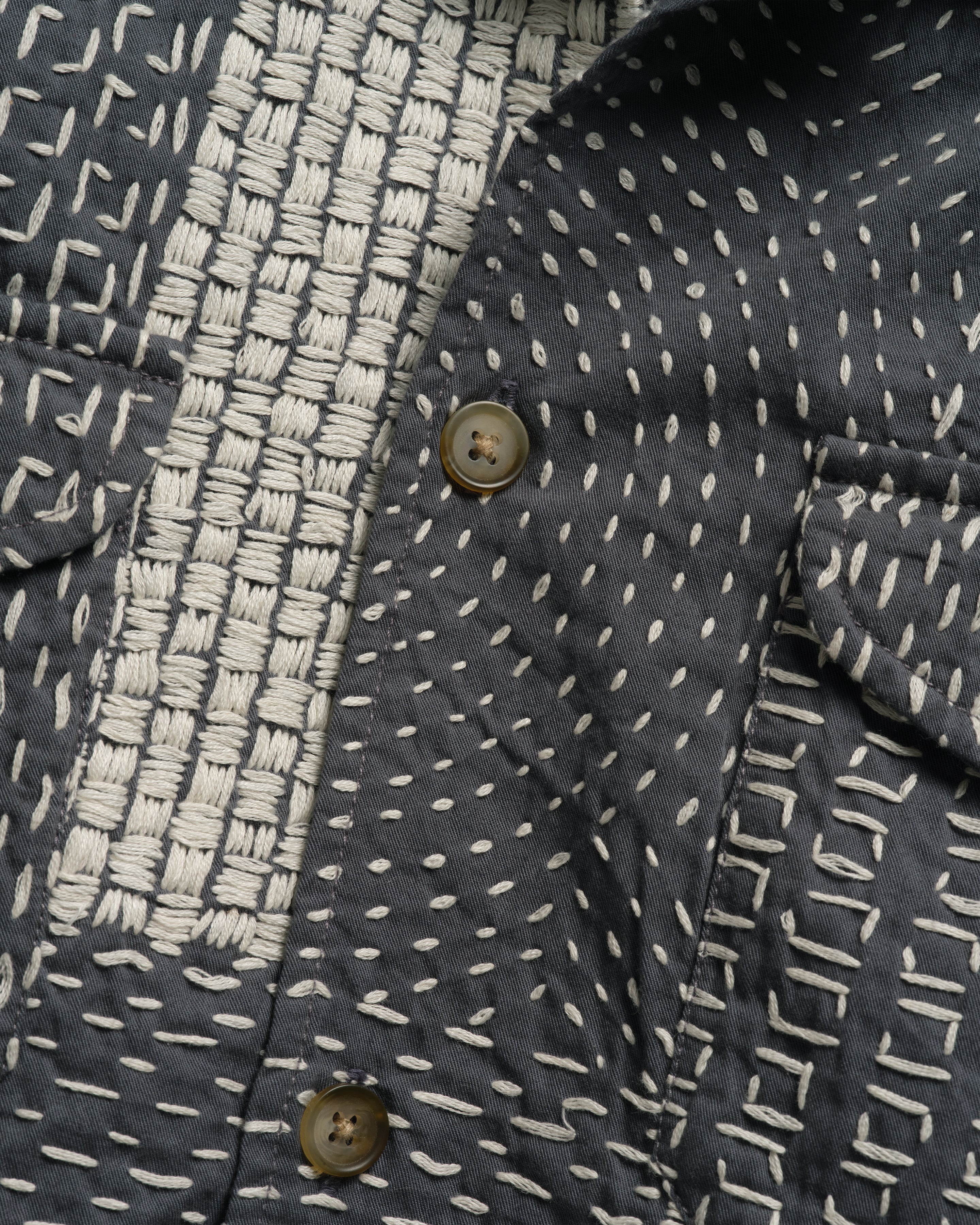 S/S WES SHIRT - WASHED SLATE/ECRU PATCHWORK KANTHA STITCHED COTTON CANVAS
