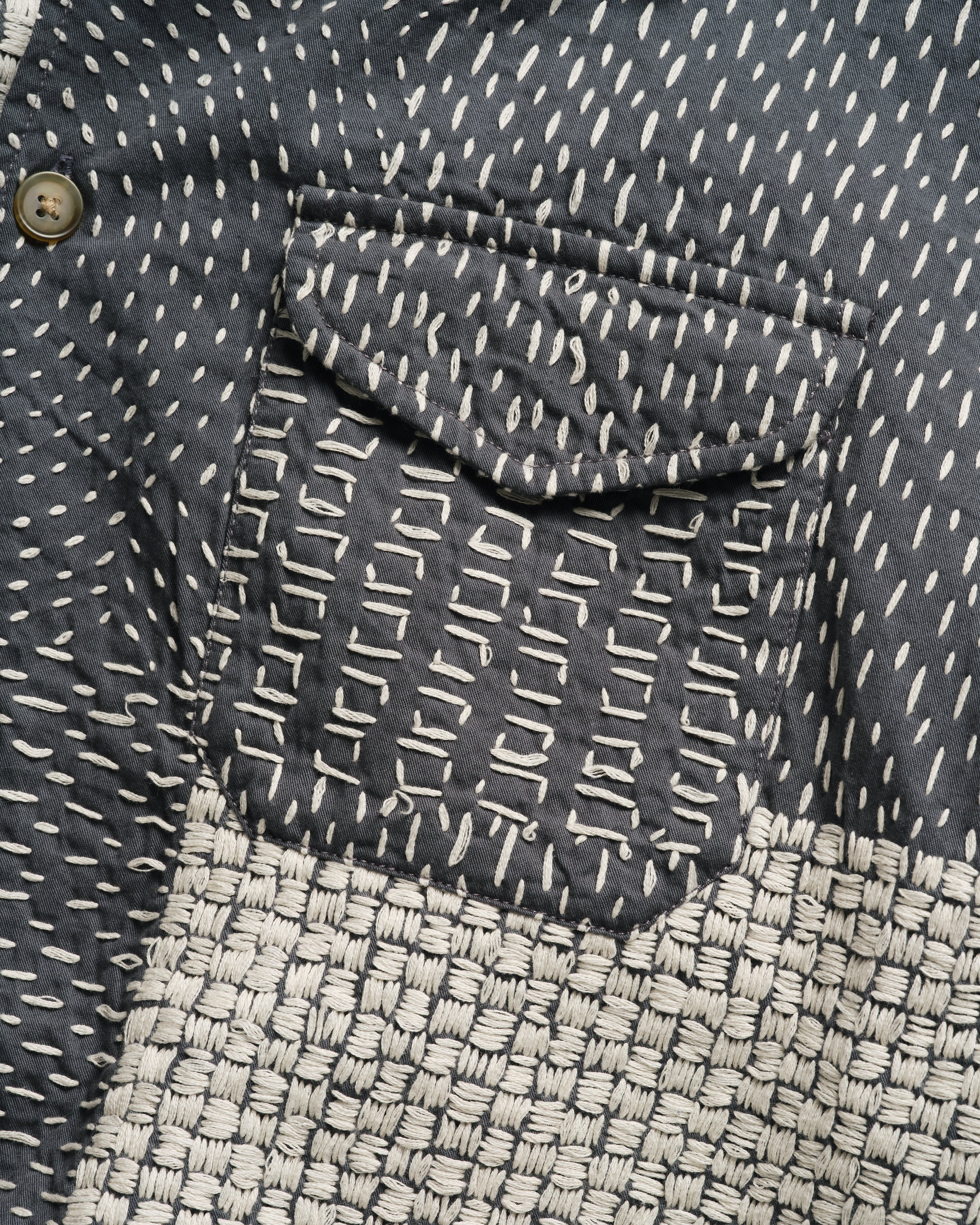 S/S WES SHIRT - WASHED SLATE/ECRU PATCHWORK KANTHA STITCHED COTTON CANVAS