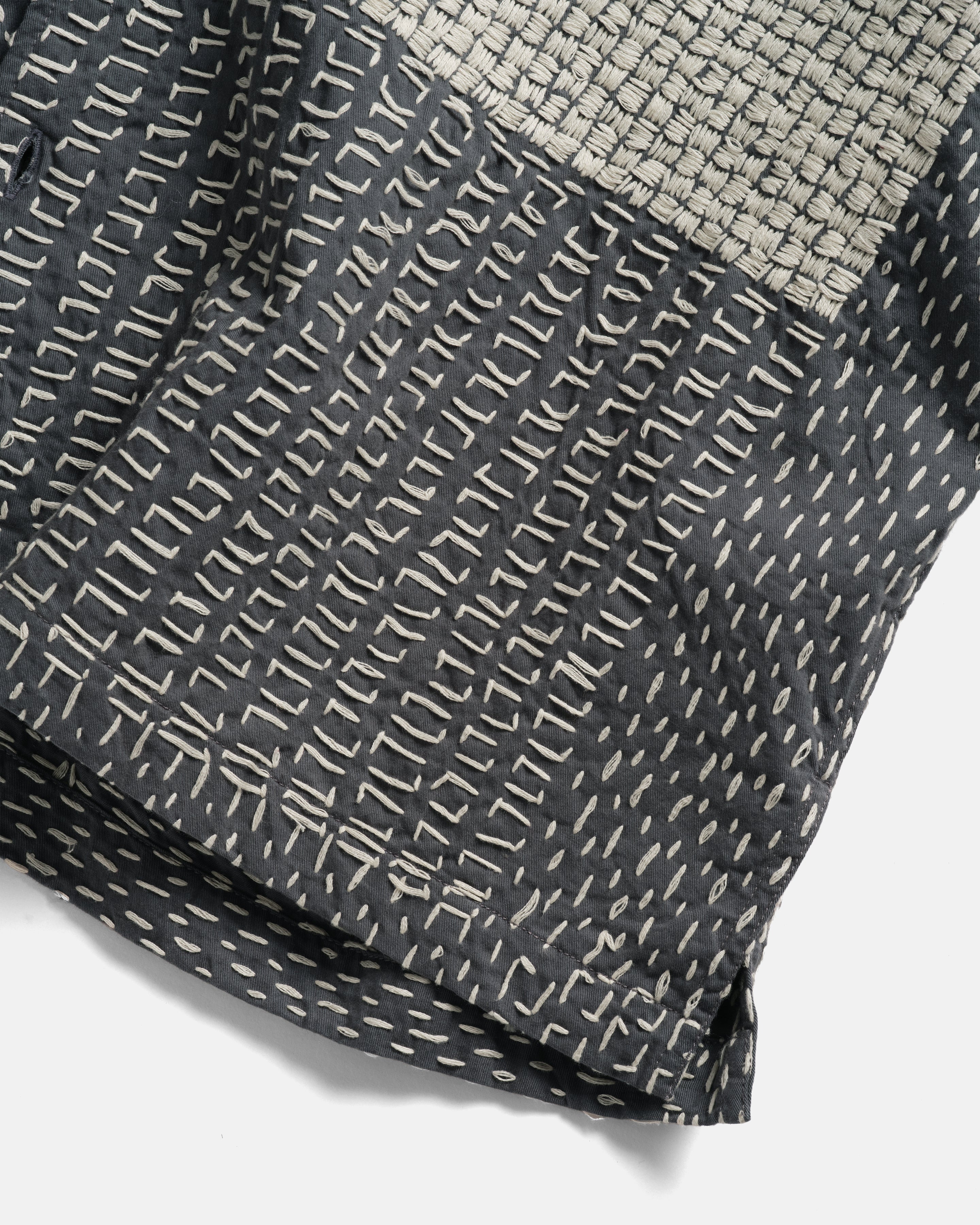 S/S WES SHIRT - WASHED SLATE/ECRU PATCHWORK KANTHA STITCHED COTTON CANVAS