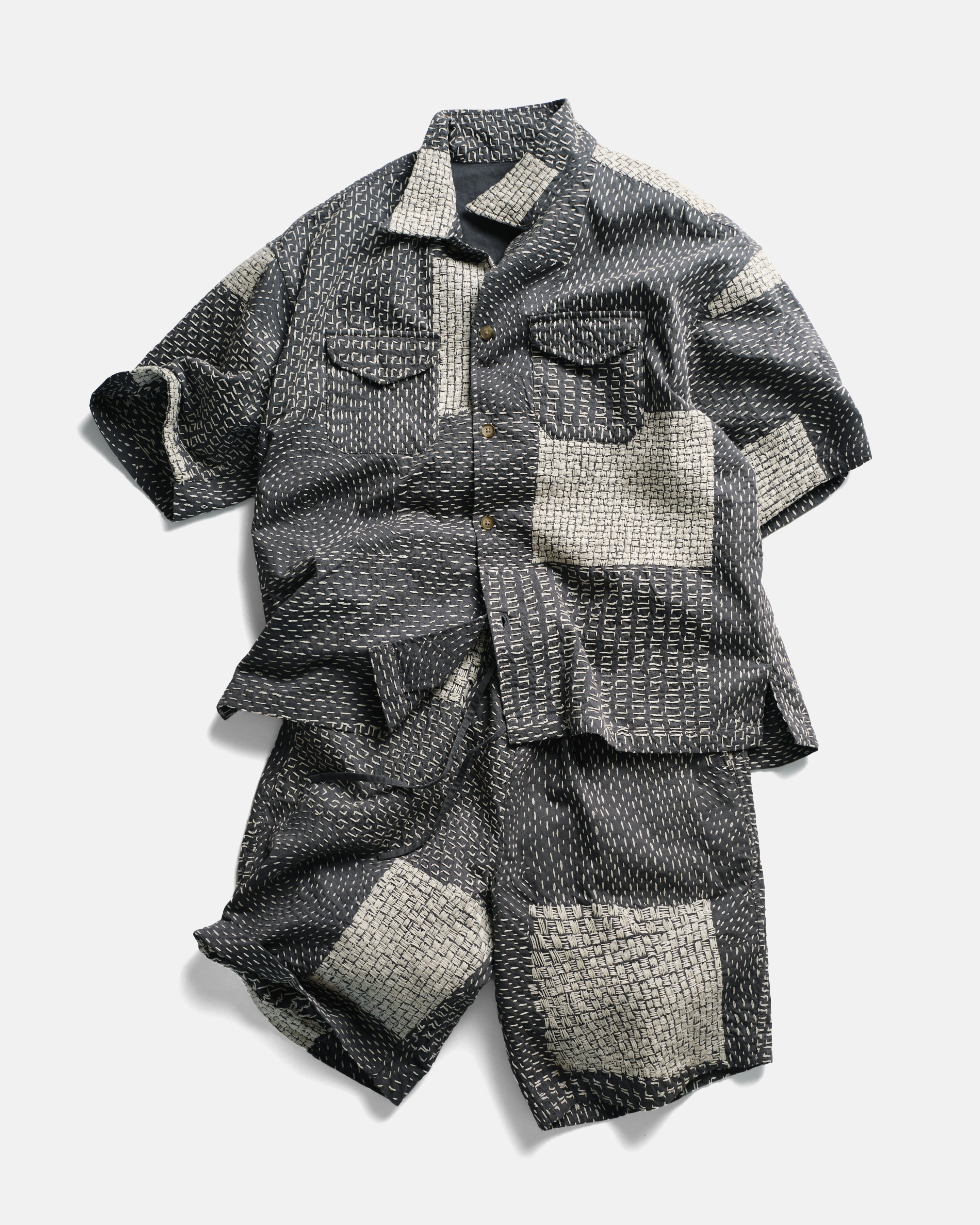 S/S WES SHIRT - WASHED SLATE/ECRU PATCHWORK KANTHA STITCHED COTTON CANVAS