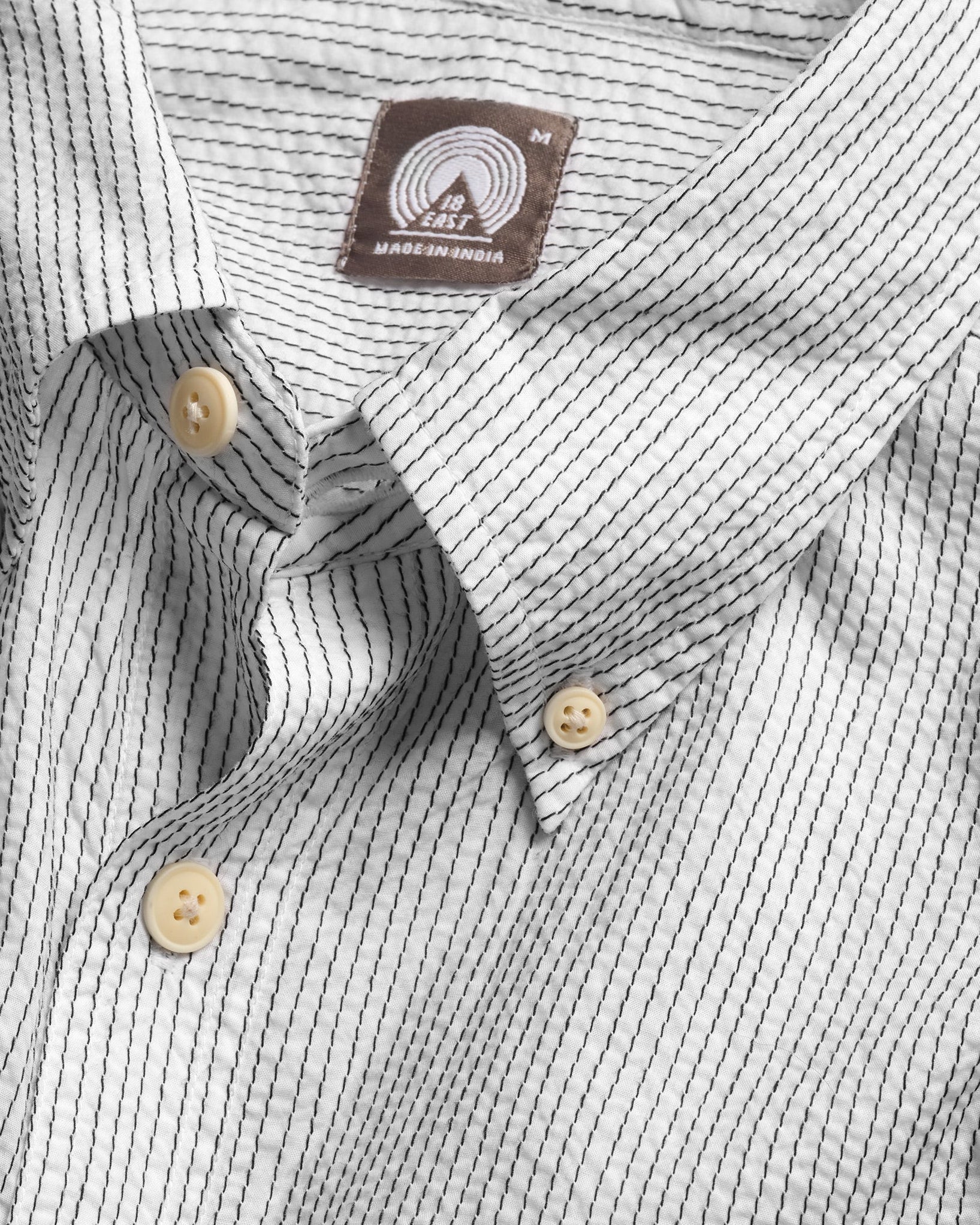 AMER EASTERN BUTTON DOWN SHIRT - WHITE POPLIN WITH BLACK EMBROIDERED PENCIL STRIPES
