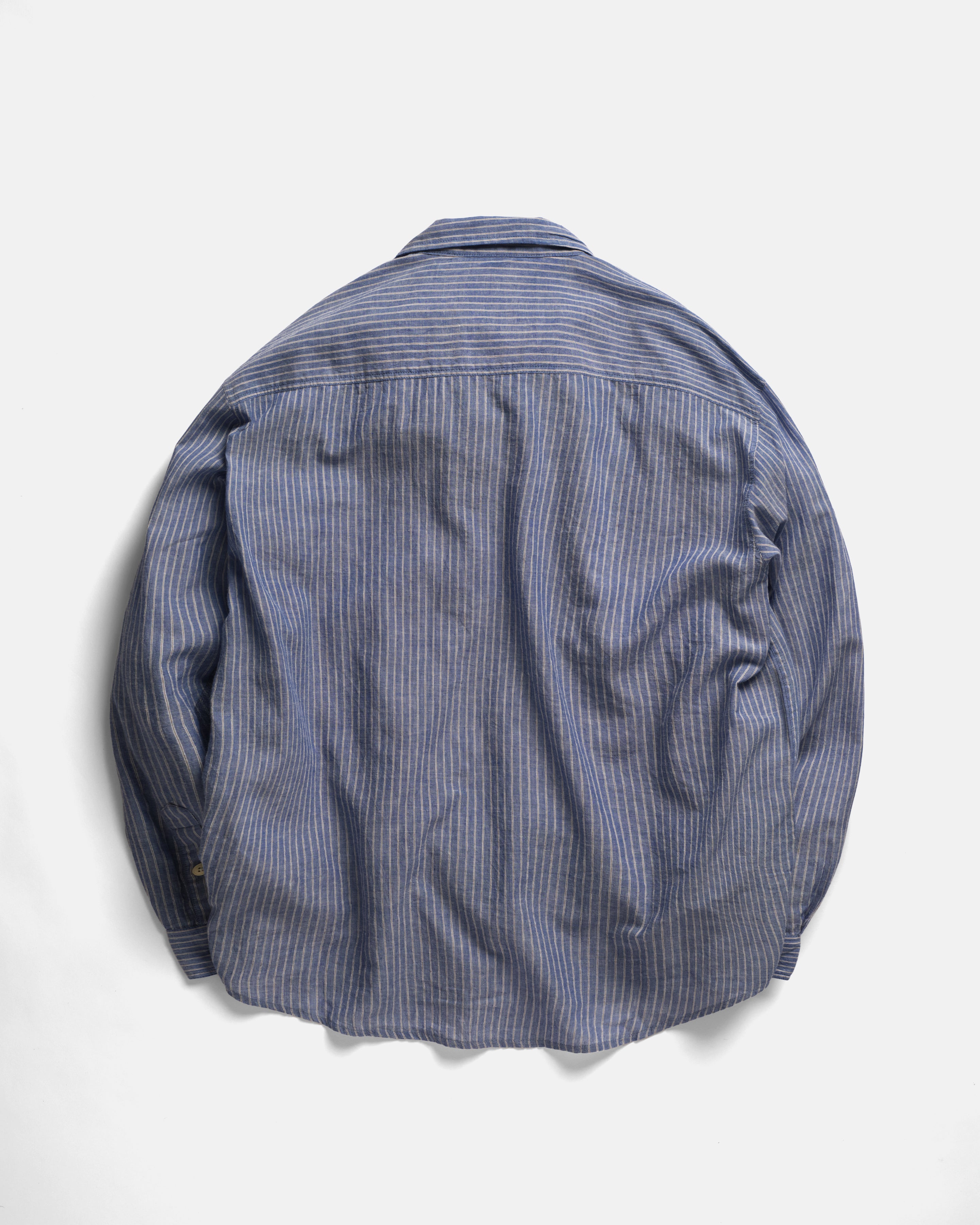 LOCUST SOFT POINT COLLAR SHIRT - FRENCH BLUE / WHITE / CHOCOLATE STRIPED SUMMER WEIGHT KHADI