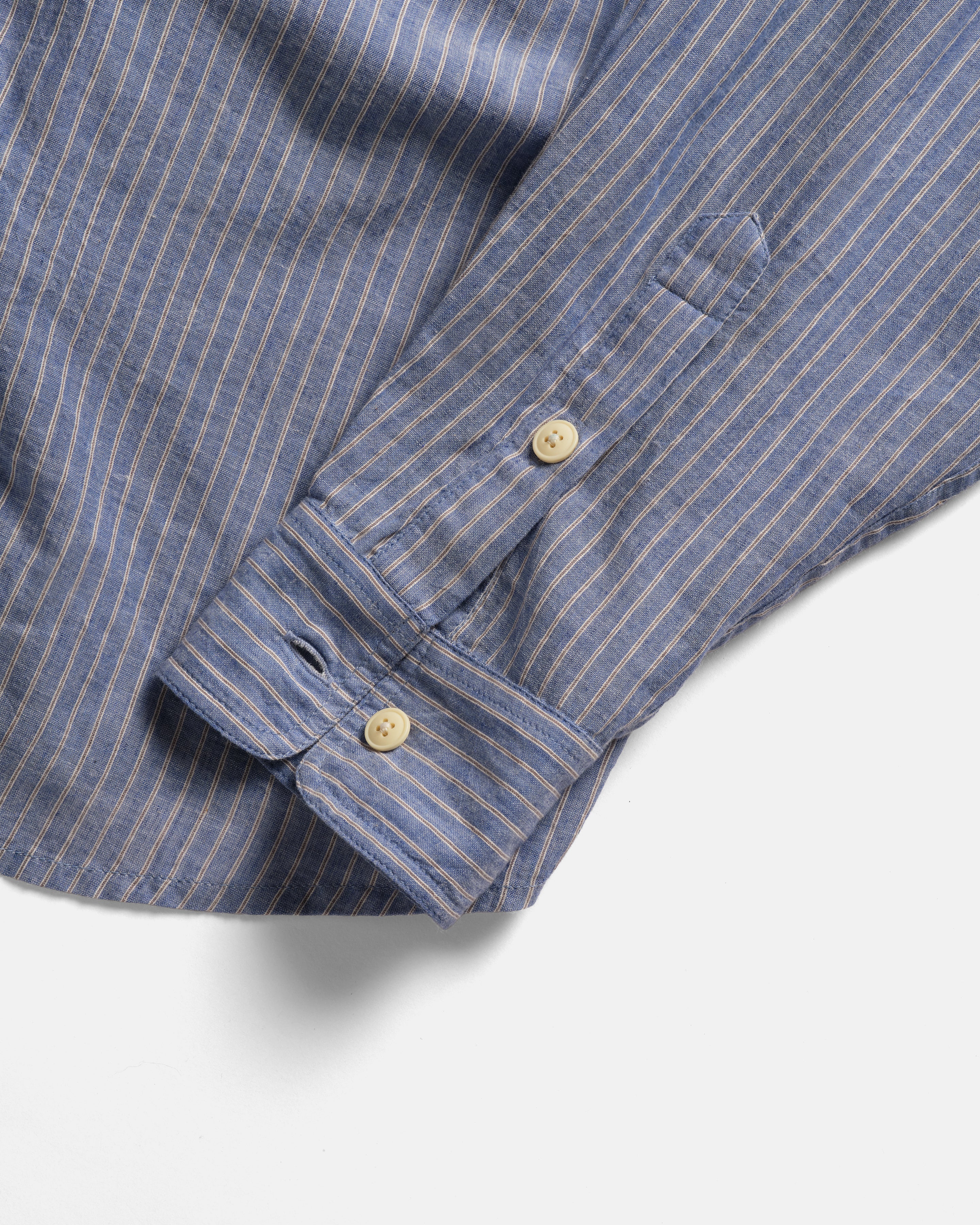 LOCUST SOFT POINT COLLAR SHIRT - FRENCH BLUE / WHITE / CHOCOLATE STRIPED SUMMER WEIGHT KHADI