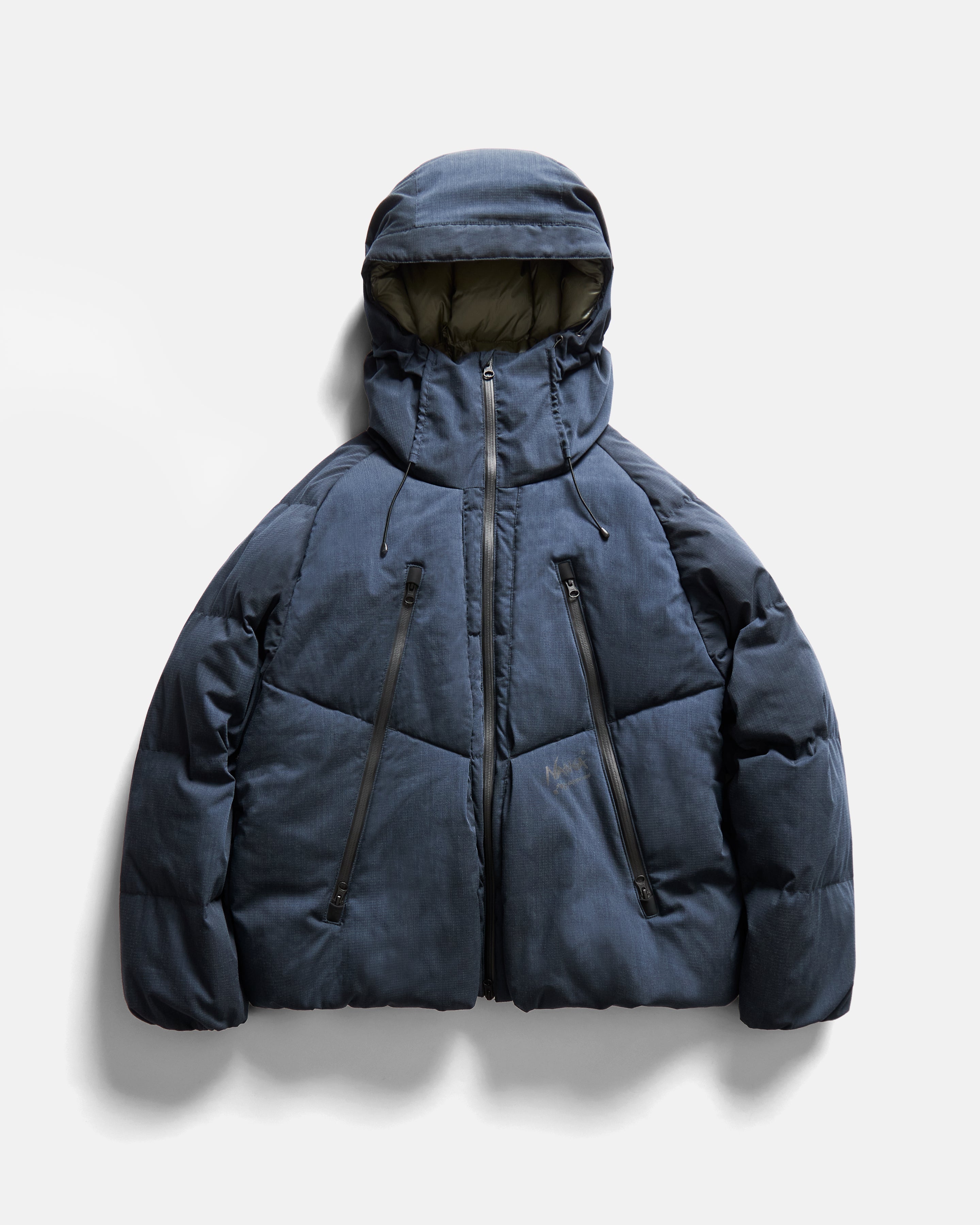 18 EAST / NANGA HOODED LOOKOUT DOWN JACKET - NAVY MELANGE HINOC / OD GREEN 15DN RIPSTOP NYLON