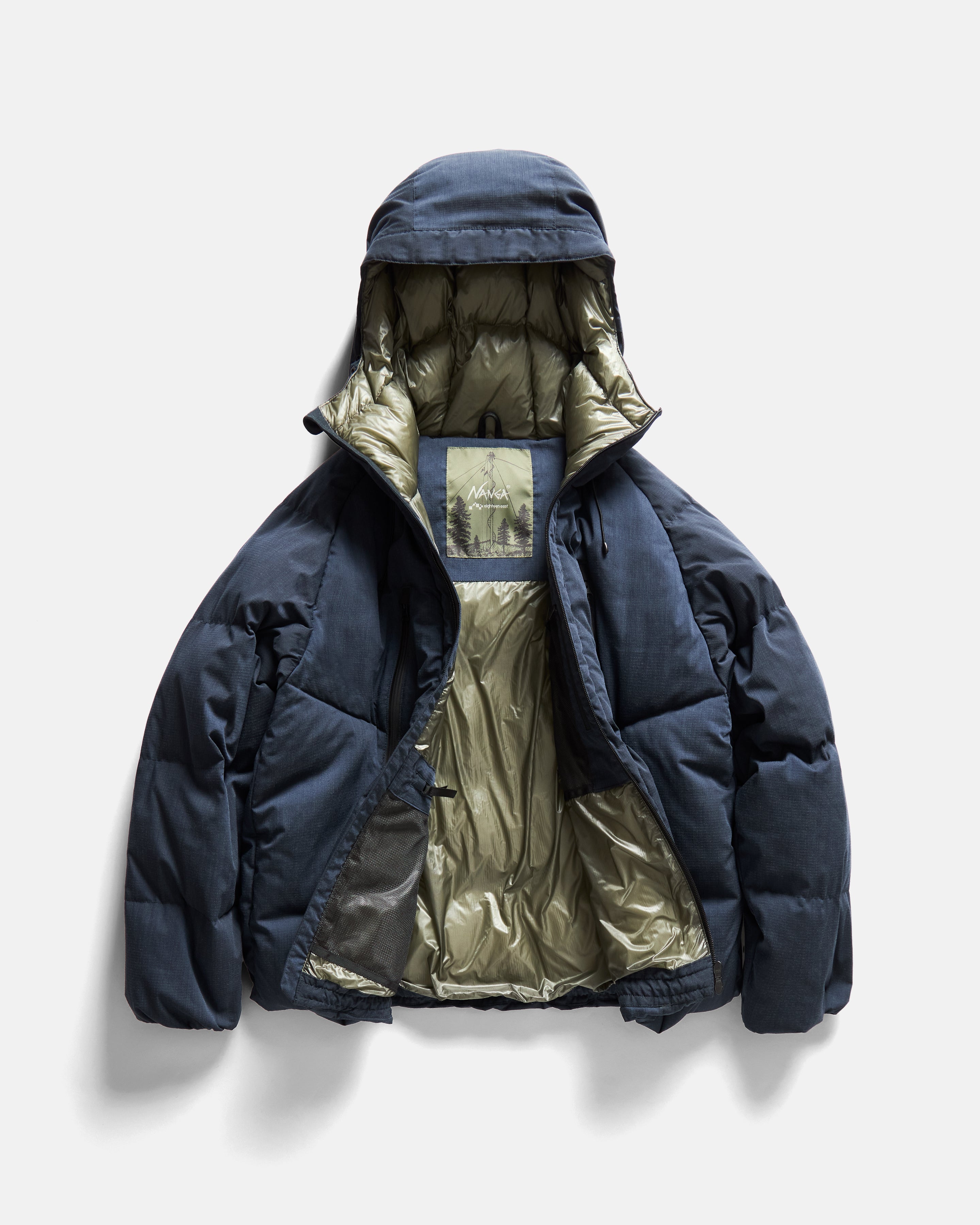 18 EAST / NANGA HOODED LOOKOUT DOWN JACKET - NAVY MELANGE HINOC / OD GREEN 15DN RIPSTOP NYLON