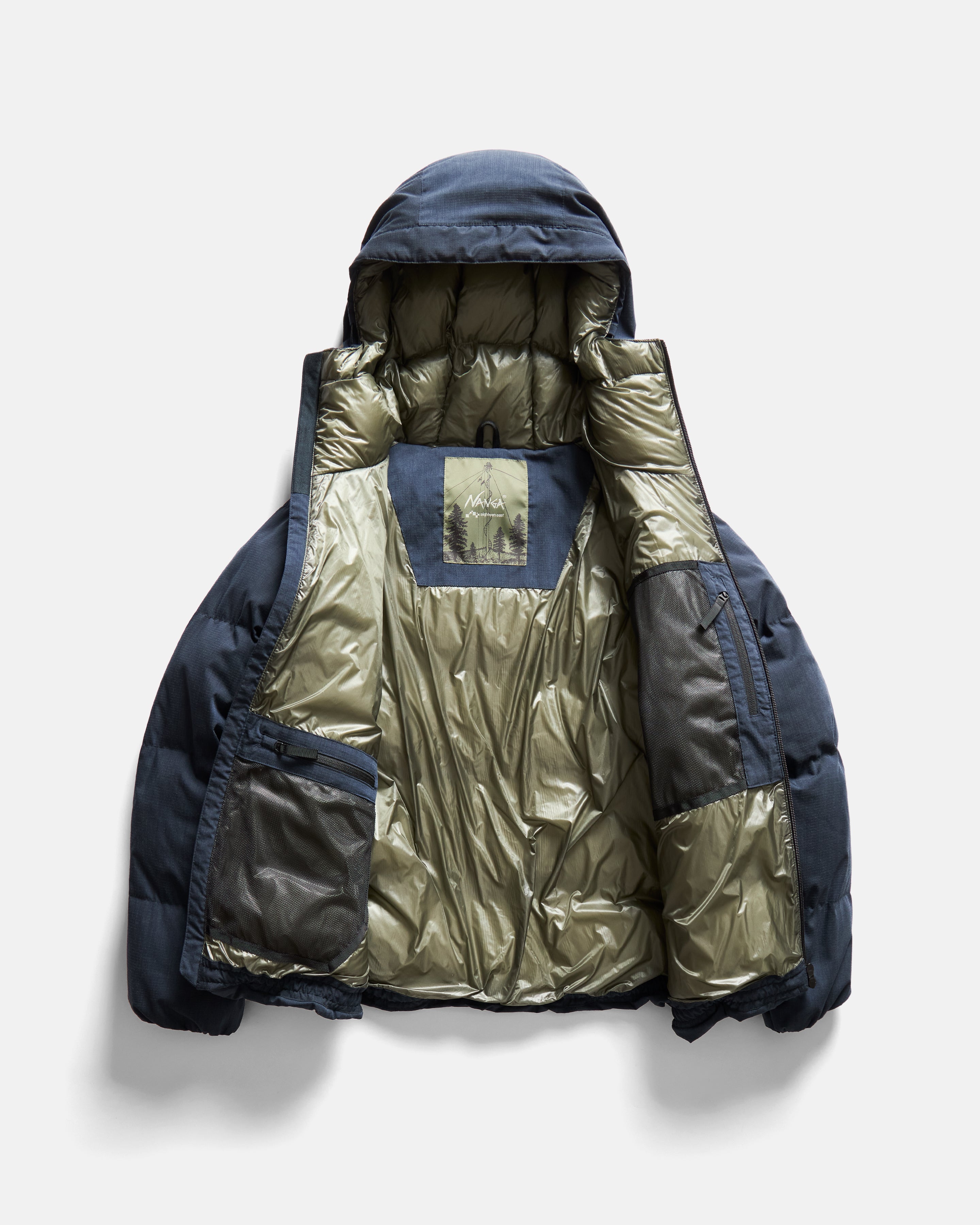 18 EAST / NANGA HOODED LOOKOUT DOWN JACKET - NAVY MELANGE HINOC / OD GREEN 15DN RIPSTOP NYLON