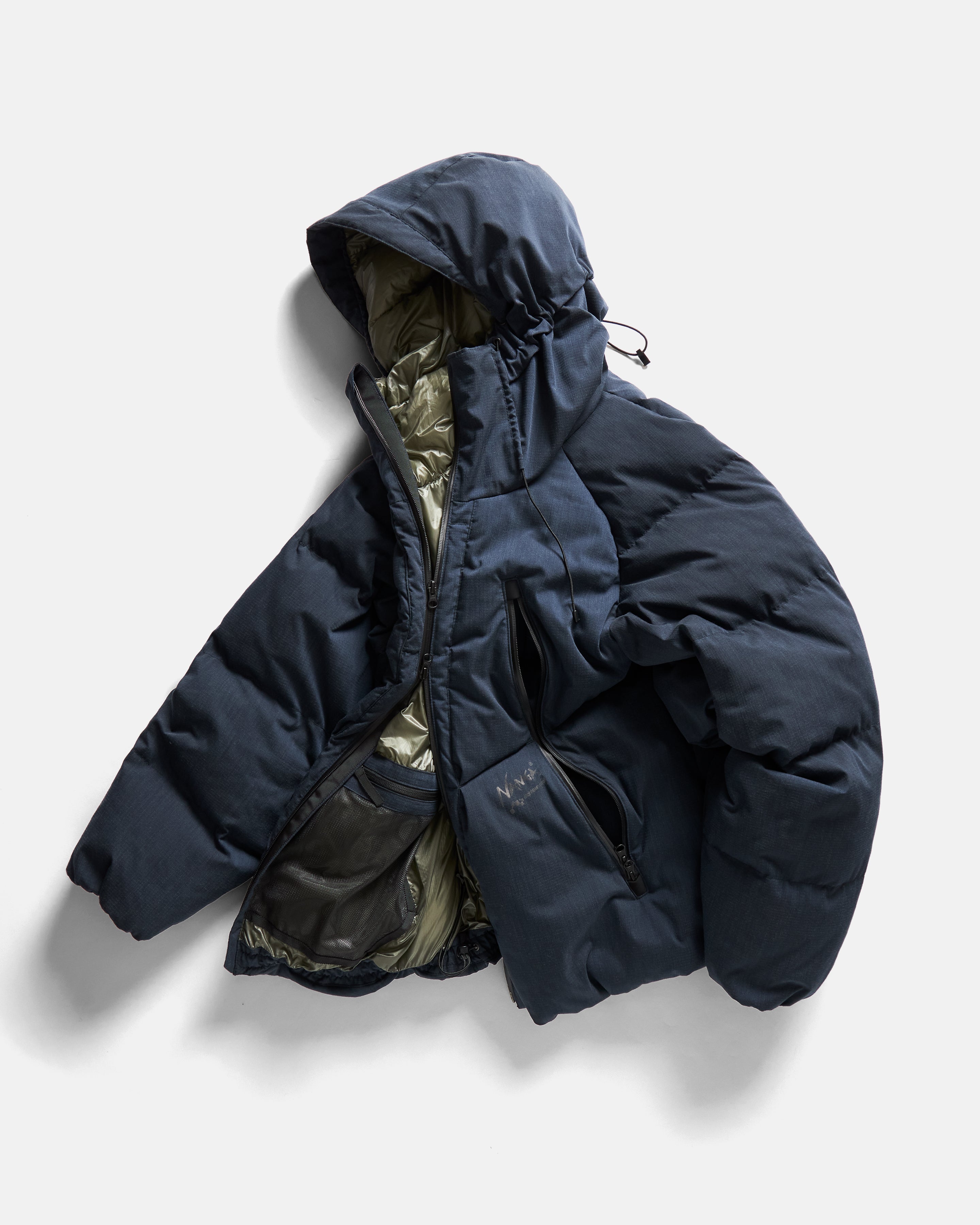 18 EAST / NANGA HOODED LOOKOUT DOWN JACKET - NAVY MELANGE HINOC / OD GREEN 15DN RIPSTOP NYLON