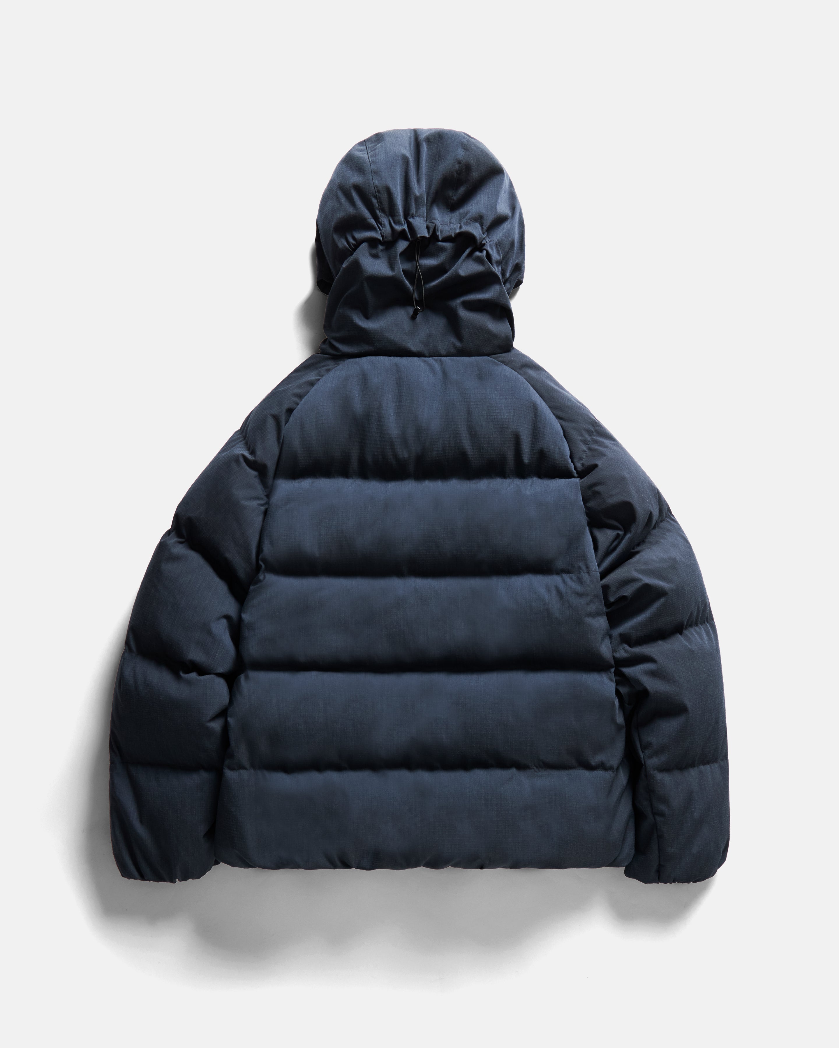 18 EAST / NANGA HOODED LOOKOUT DOWN JACKET - NAVY MELANGE HINOC / OD GREEN 15DN RIPSTOP NYLON