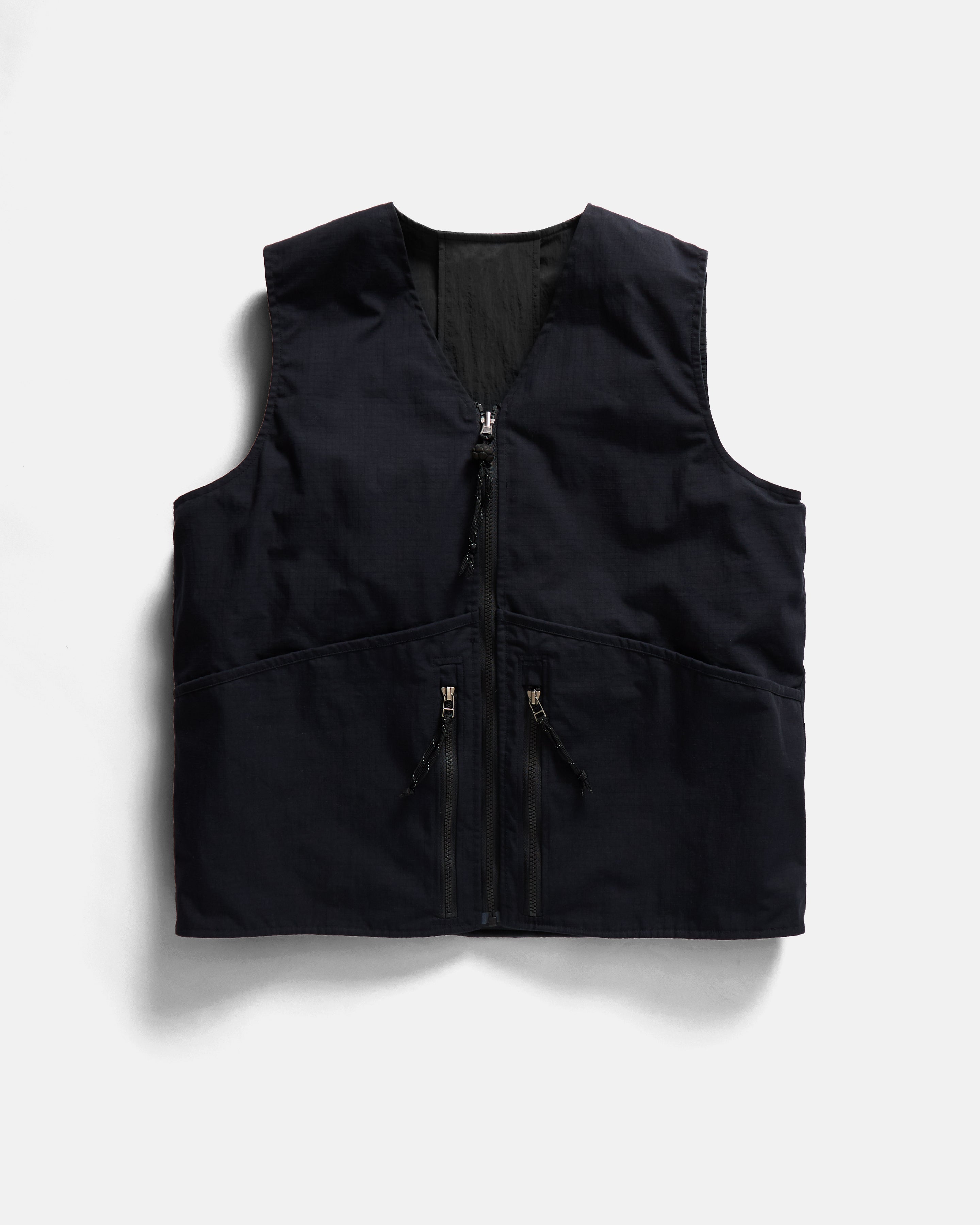 KEARSE REVERSIBLE UTILITY VEST - BLACK WAXED NYLON / MIDNIGHT COTTON/NYLON RIPSTOP