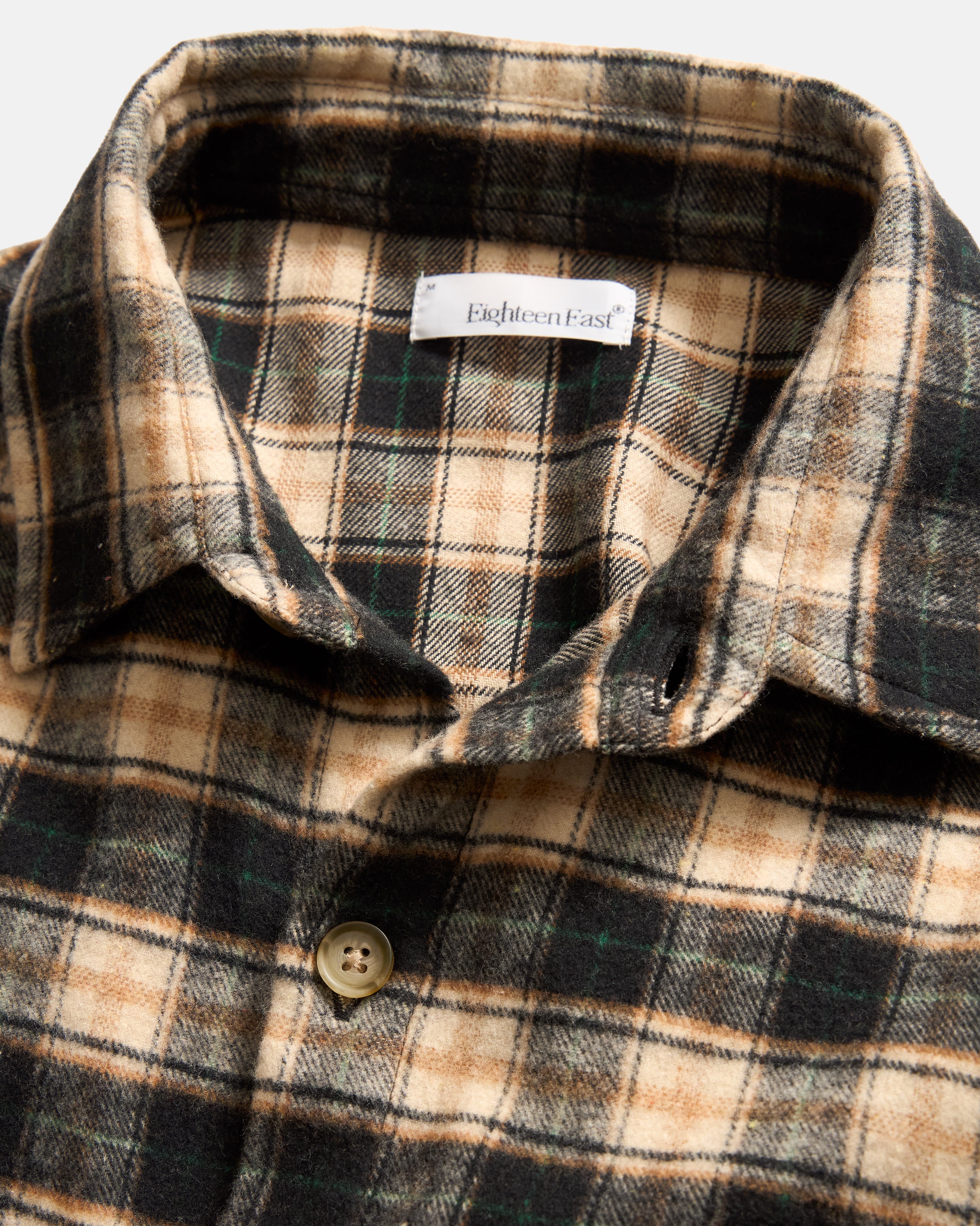 GALE BOX SHIRT - BLACK / ECRU / BRITISH KHAKI / GRASS BRUSHED COTTON F 18 East GALE BOX SHIRT - BLACK / ECRU / BRITISH KHAKI / GRASS BRUSHED COTTON F 18 East