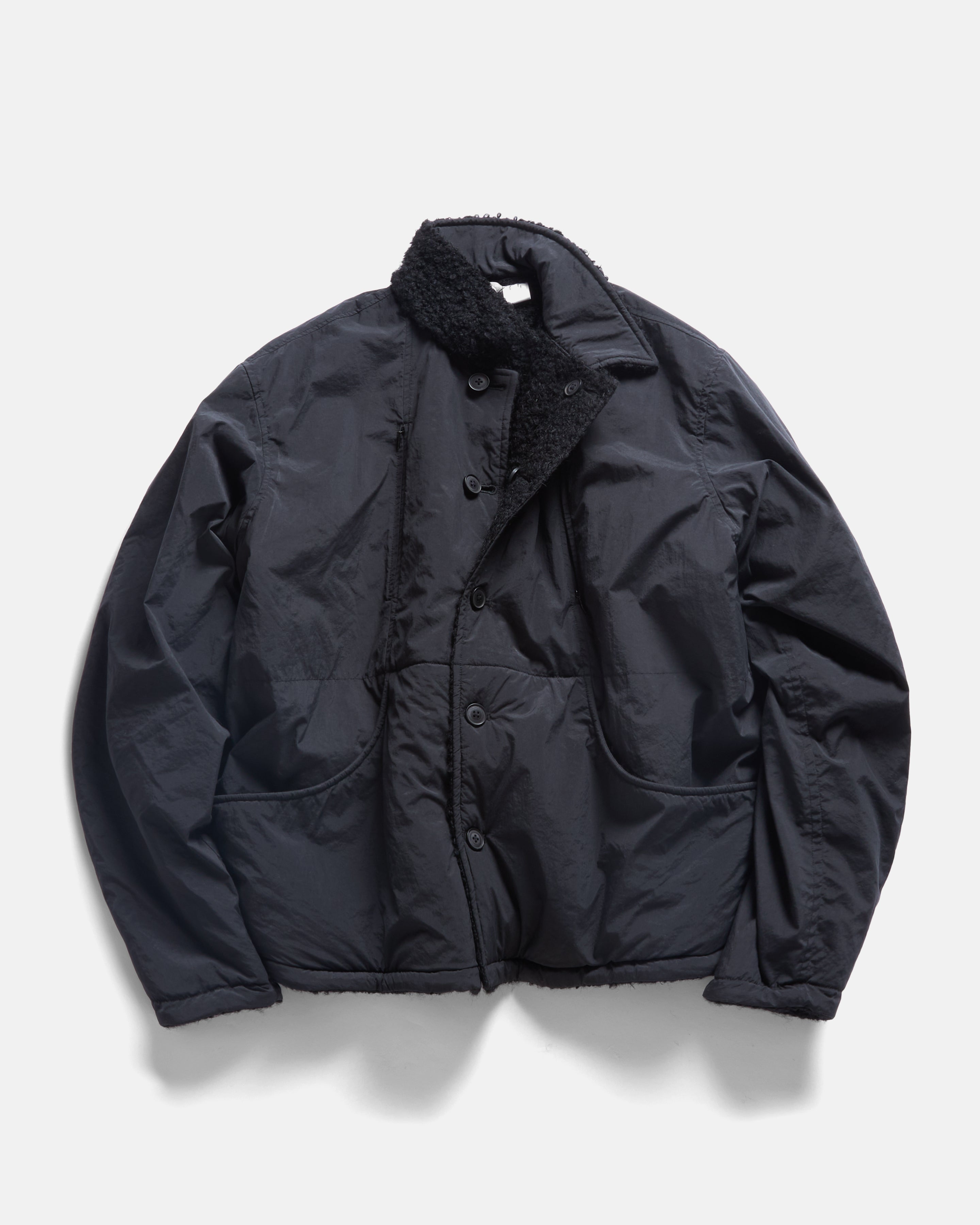 JOSEPH REVERSIBLE COACH'S JACKET - BLACK "FOHAIR" WOOLEN BOUCLÉ / WATER-REPELLENT BRUSHED NYLON