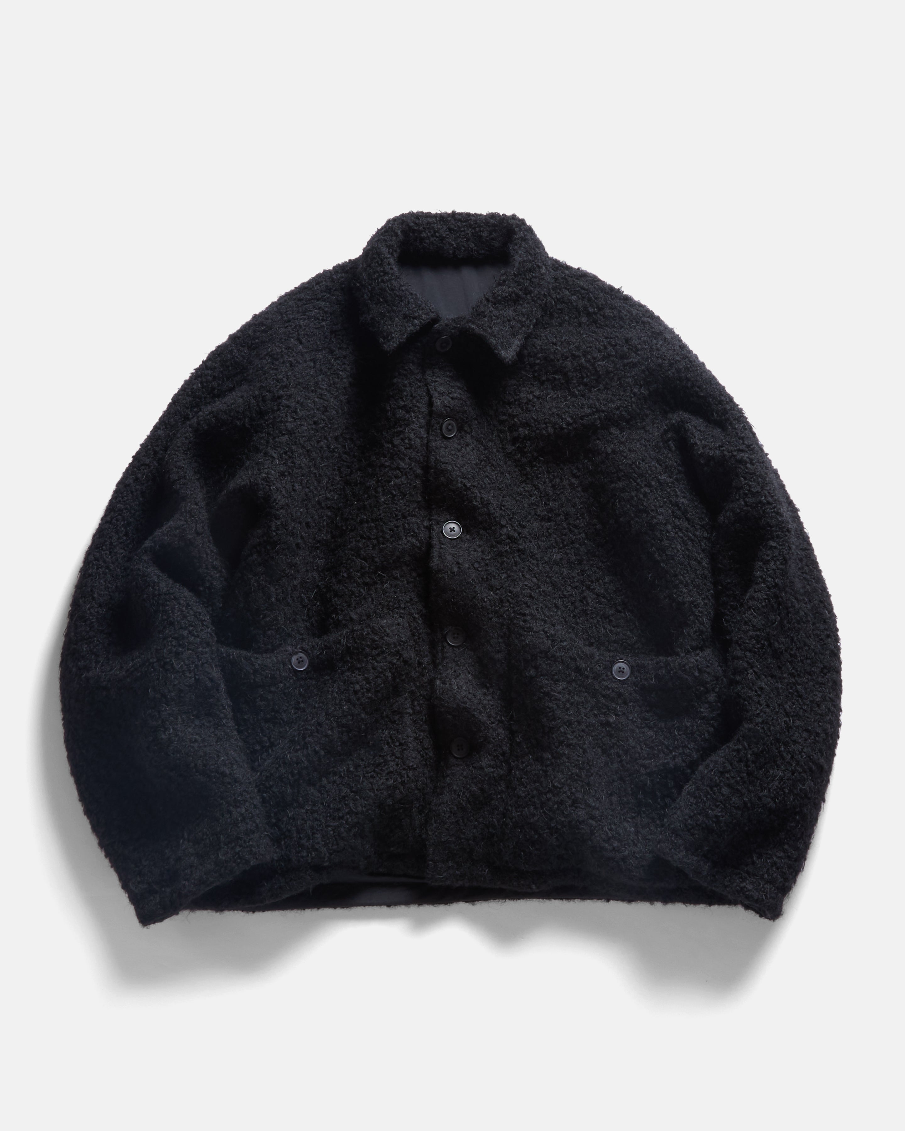 JOSEPH REVERSIBLE COACH'S JACKET - BLACK "FOHAIR" WOOLEN BOUCLÉ / WATER-REPELLENT BRUSHED NYLON