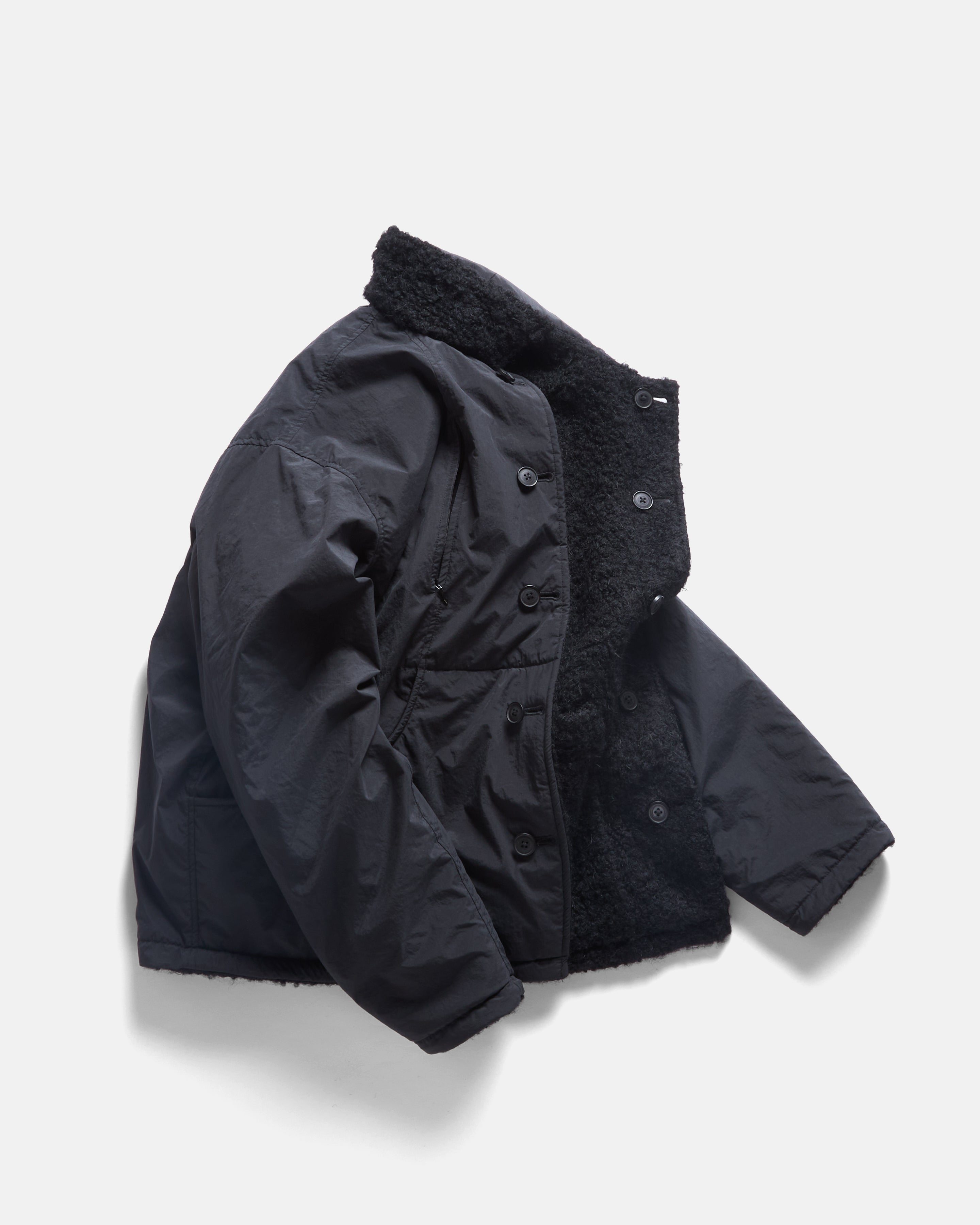 JOSEPH REVERSIBLE COACH'S JACKET - BLACK "FOHAIR" WOOLEN BOUCLÉ / WATER-REPELLENT BRUSHED NYLON