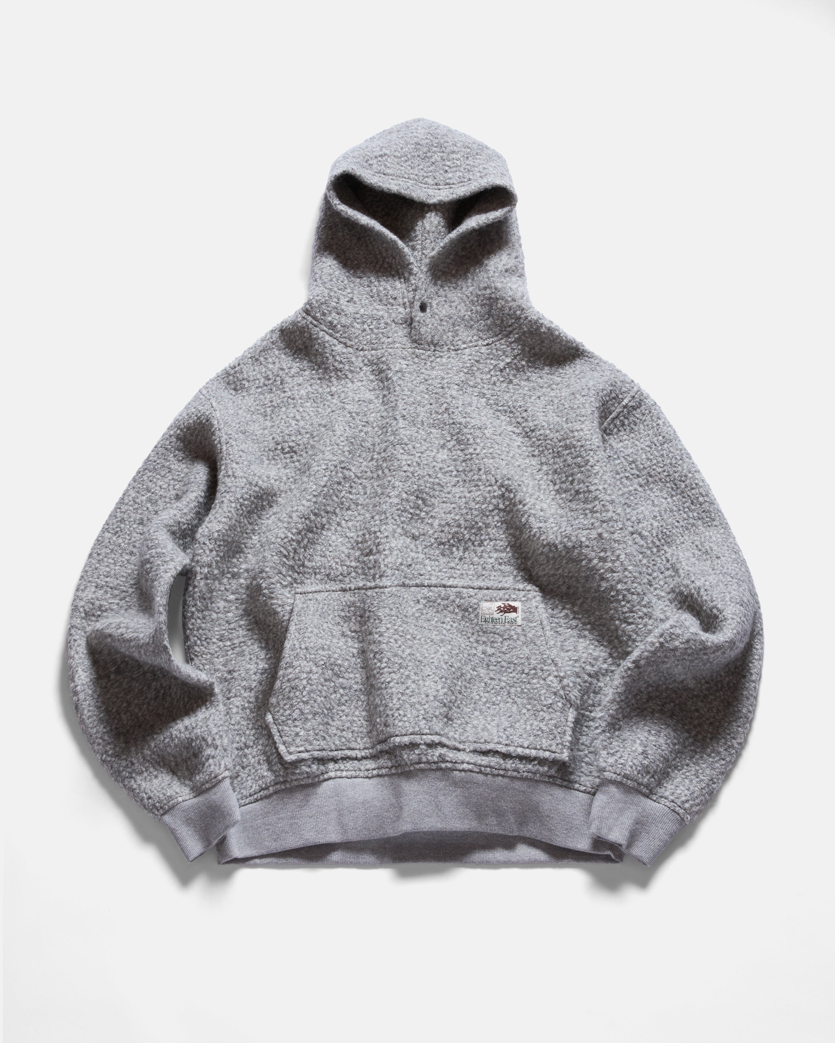 INDORF SNAP NECK HOODED SWEATSHIRT - ASH GRAY HEATHER BLENDED WOOL BOUCLE SHERPA