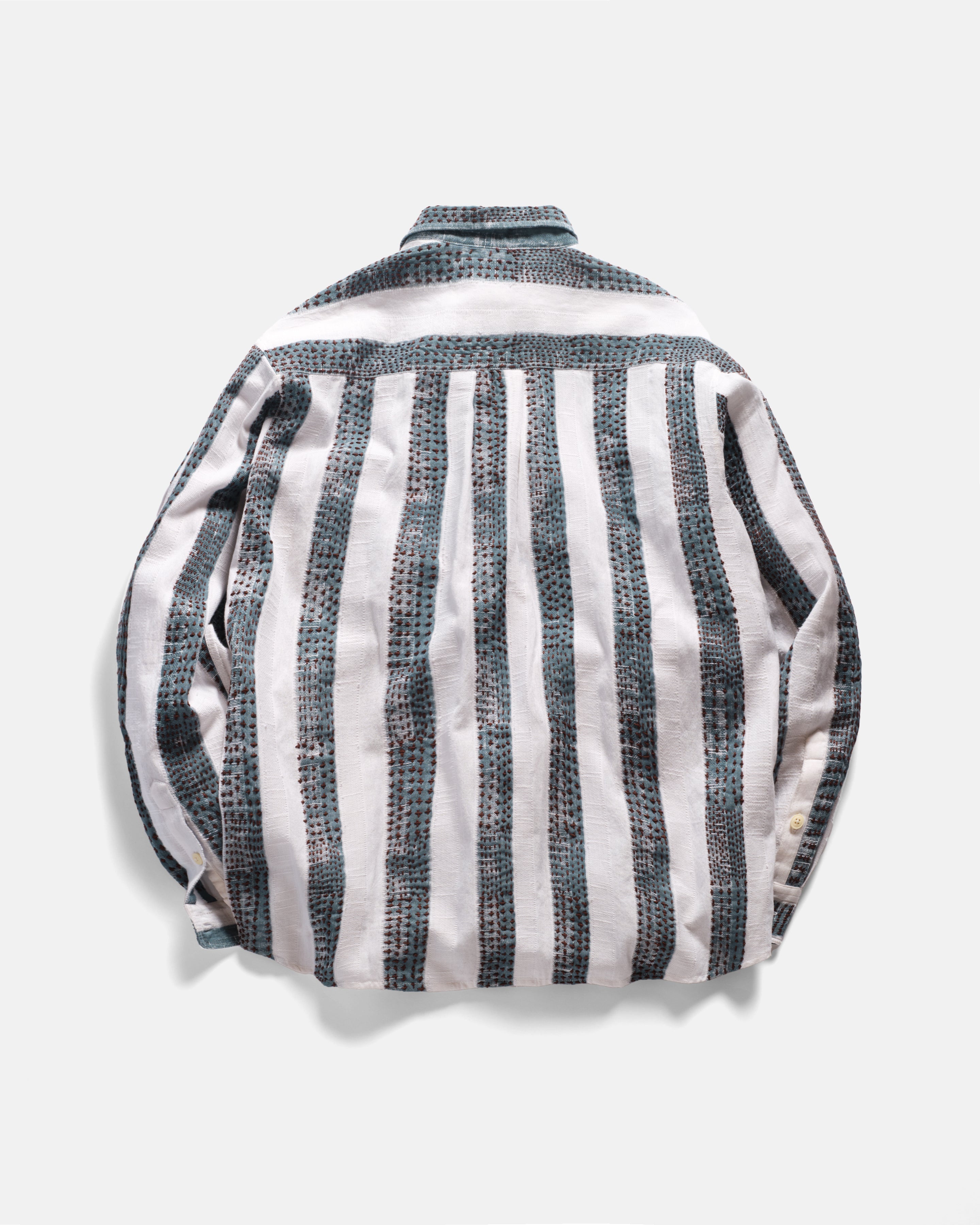 CHESTNUT BUTTON-DOWN SHIRT - NATURAL / INDIGO / CAFFE BLOCK PRINTED AND HAND EMBROIDERED JACQUARD STRIPE COTTON