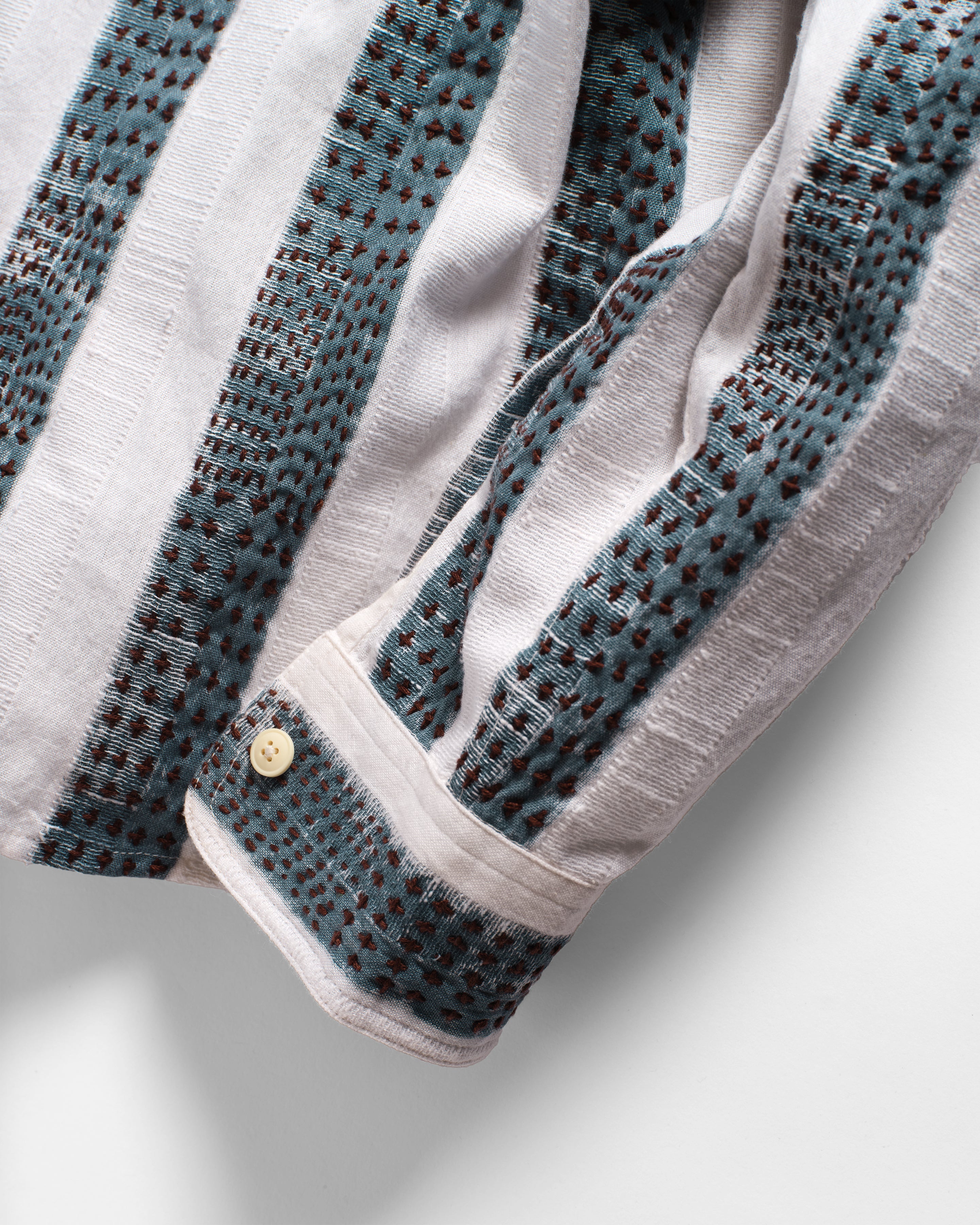 CHESTNUT BUTTON-DOWN SHIRT - NATURAL / INDIGO / CAFFE BLOCK PRINTED AND HAND EMBROIDERED JACQUARD STRIPE COTTON