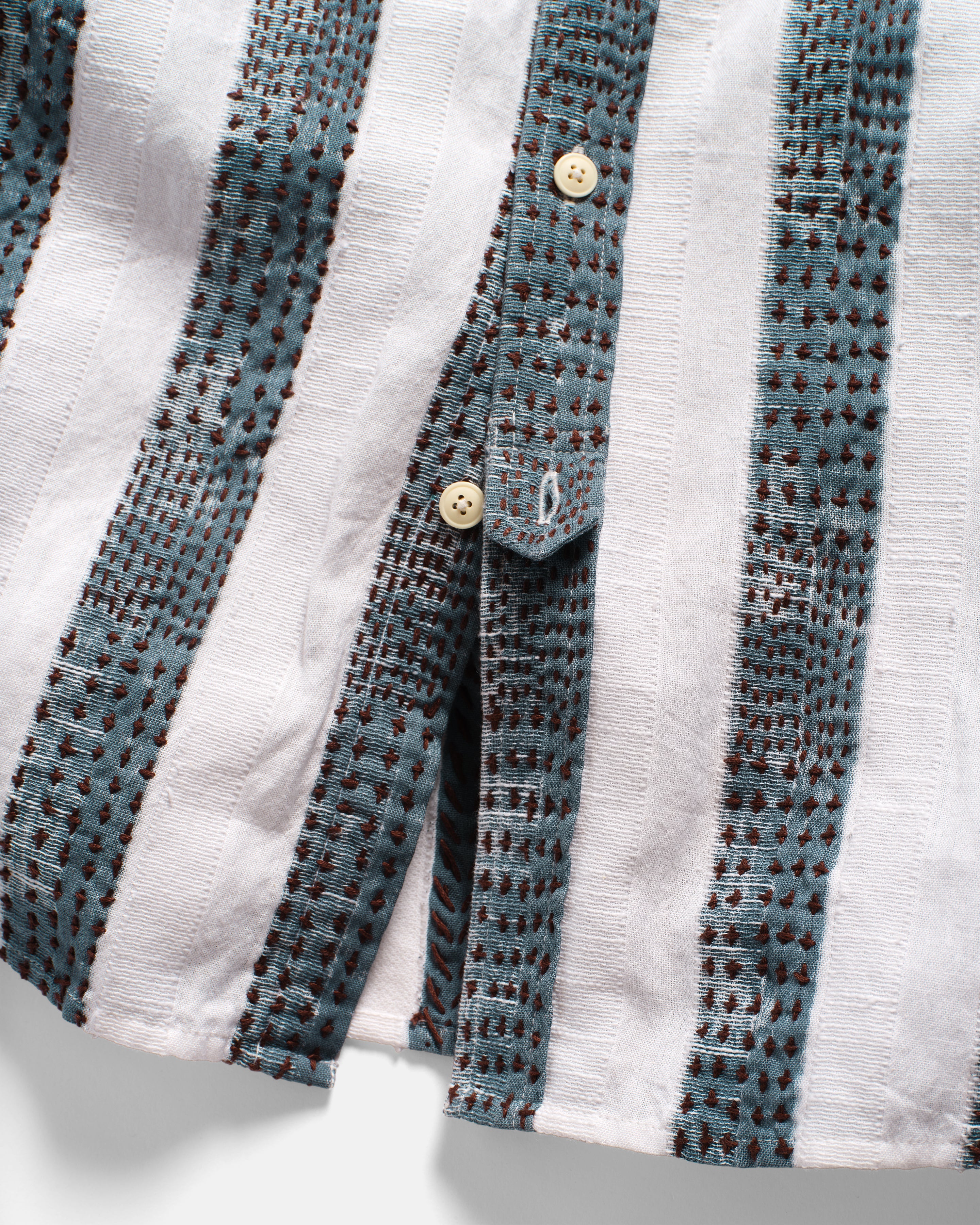 CHESTNUT BUTTON-DOWN SHIRT - NATURAL / INDIGO / CAFFE BLOCK PRINTED AND HAND EMBROIDERED JACQUARD STRIPE COTTON