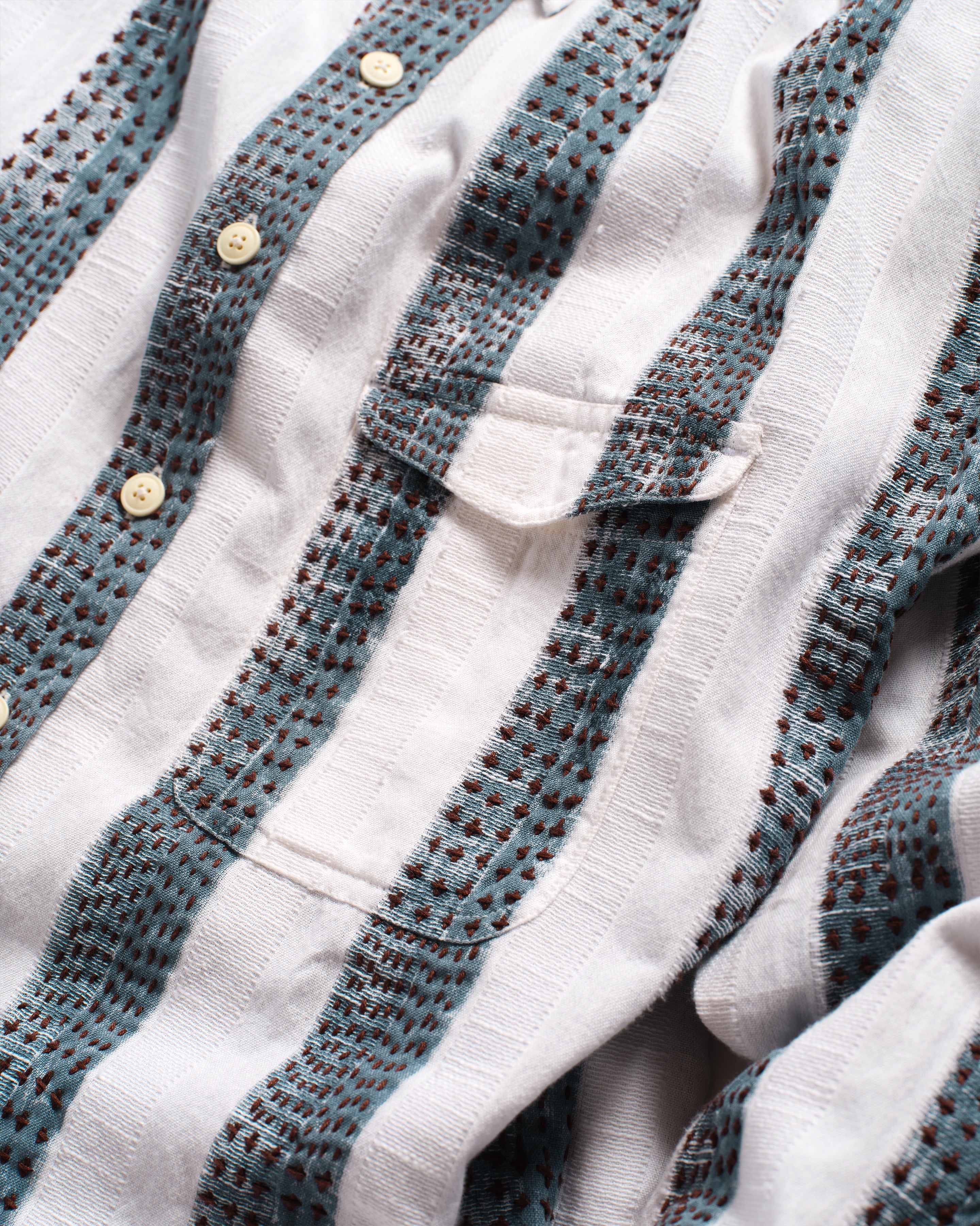 CHESTNUT BUTTON-DOWN SHIRT - NATURAL / INDIGO / CAFFE BLOCK PRINTED AND HAND EMBROIDERED JACQUARD STRIPE COTTON