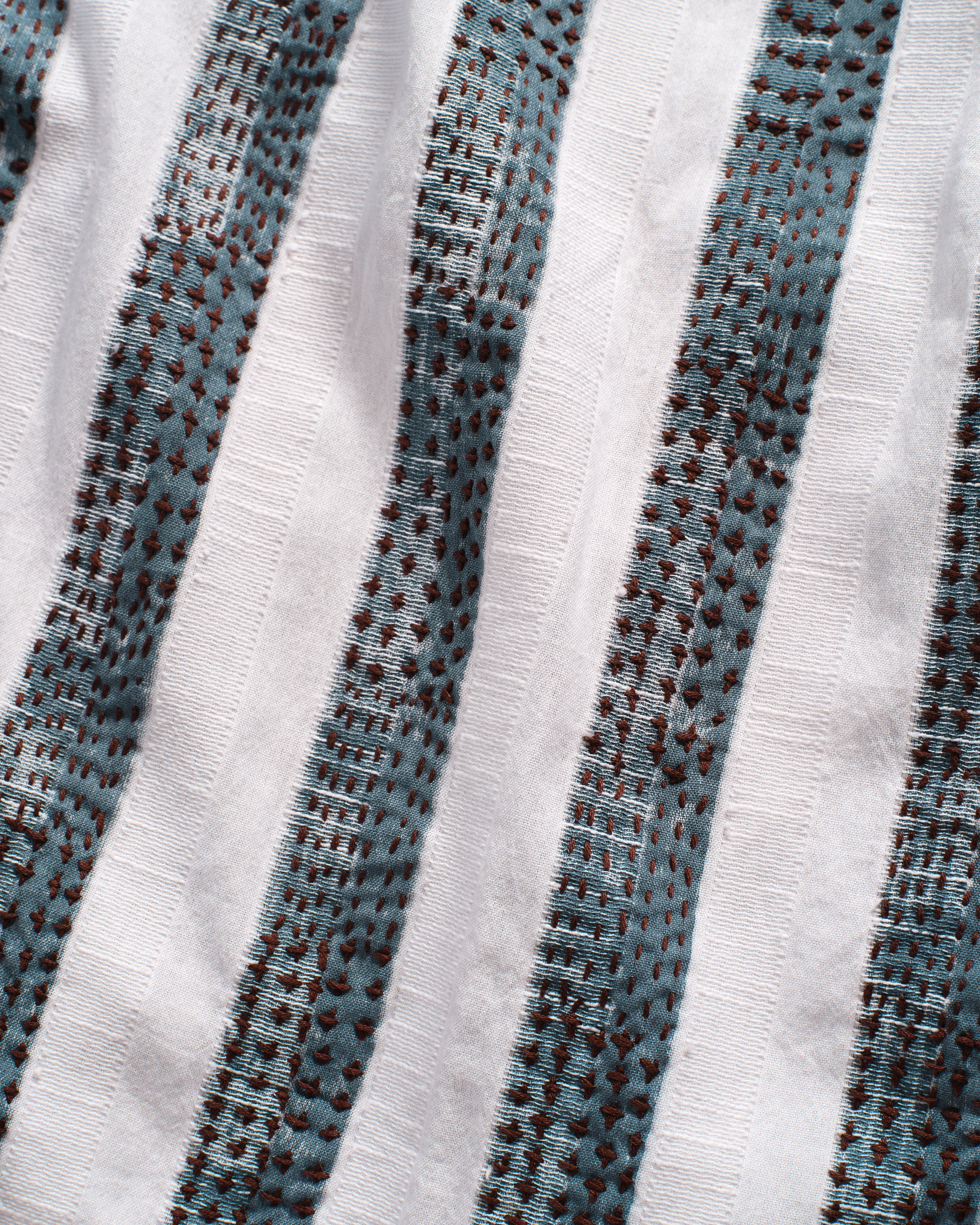 CHESTNUT BUTTON-DOWN SHIRT - NATURAL / INDIGO / CAFFE BLOCK PRINTED AND HAND EMBROIDERED JACQUARD STRIPE COTTON