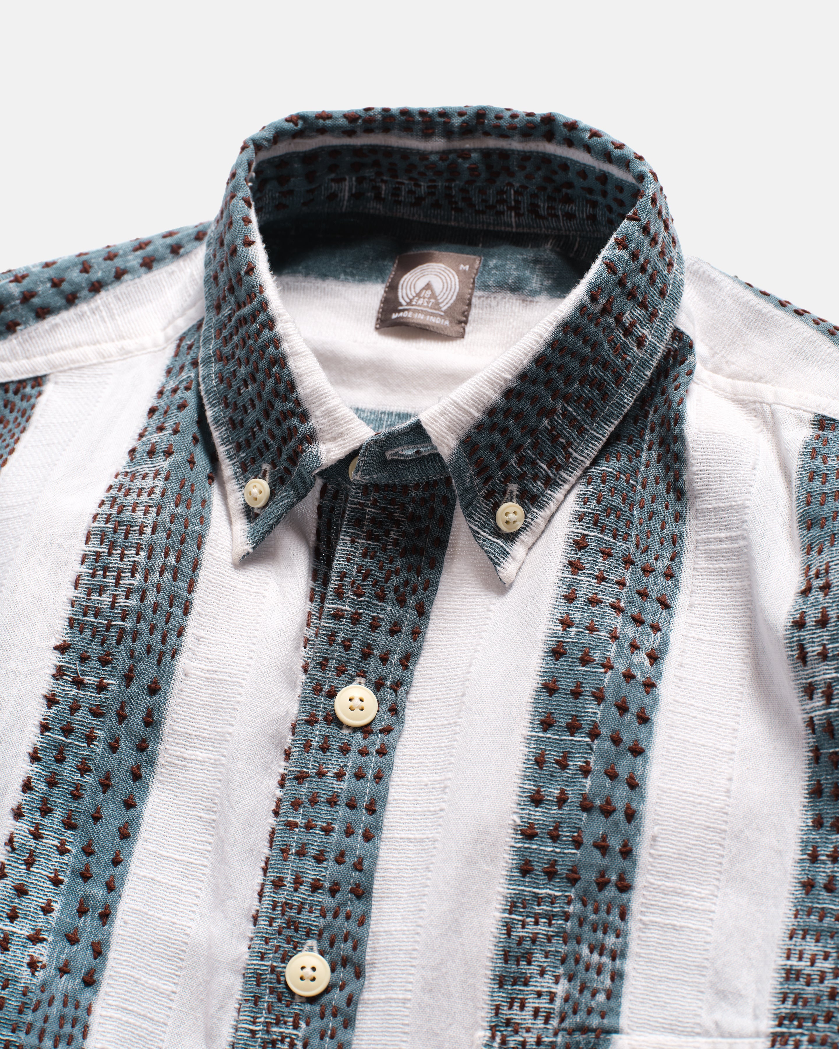 CHESTNUT BUTTON-DOWN SHIRT - NATURAL / INDIGO / CAFFE BLOCK PRINTED AND HAND EMBROIDERED JACQUARD STRIPE COTTON