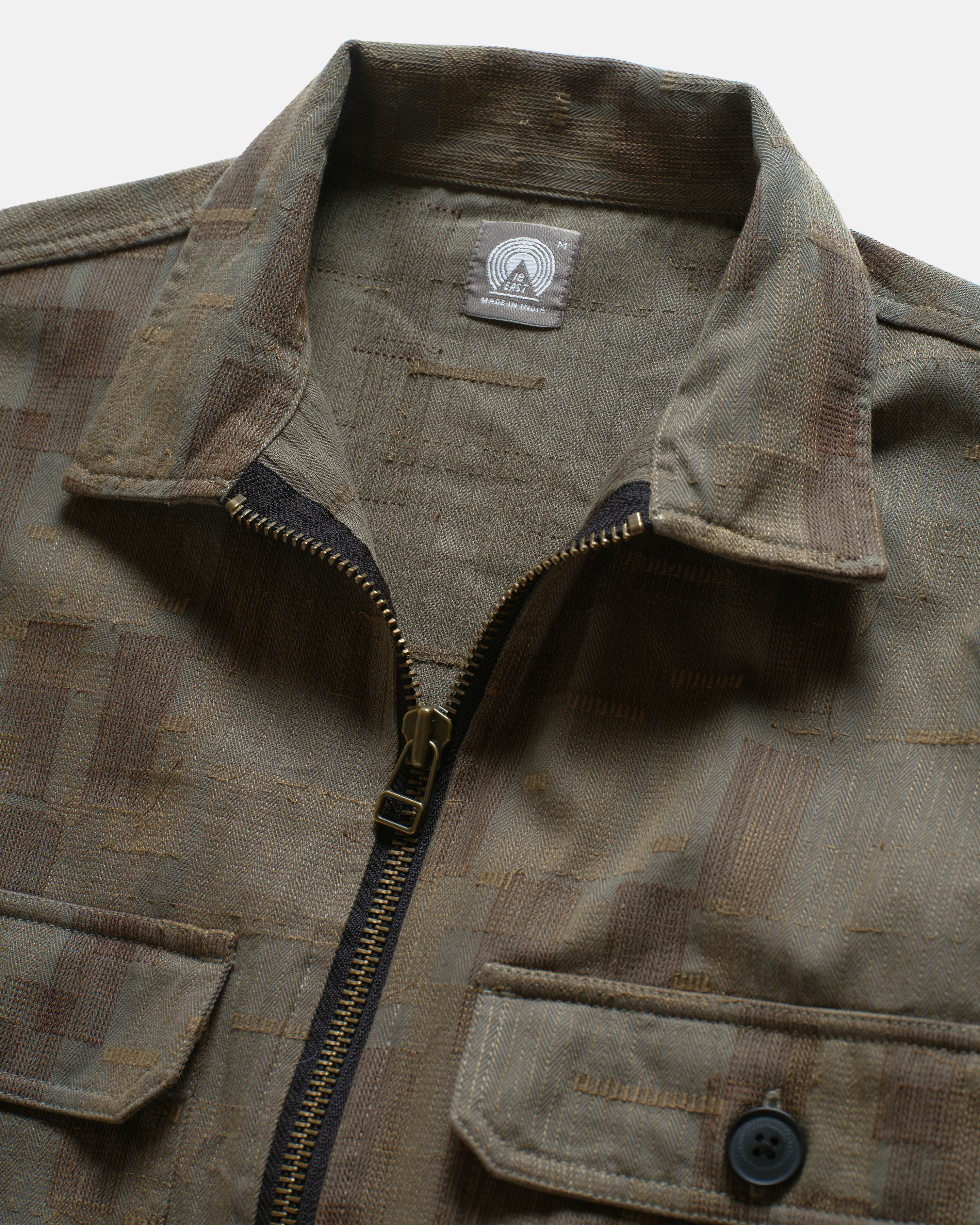 FULL ZIP CALEB SHIRT - MULLED BASIL / COVERT GREEN / BLACK SCATTER EMBROIDERED HBT MIL-SPEC COTTON