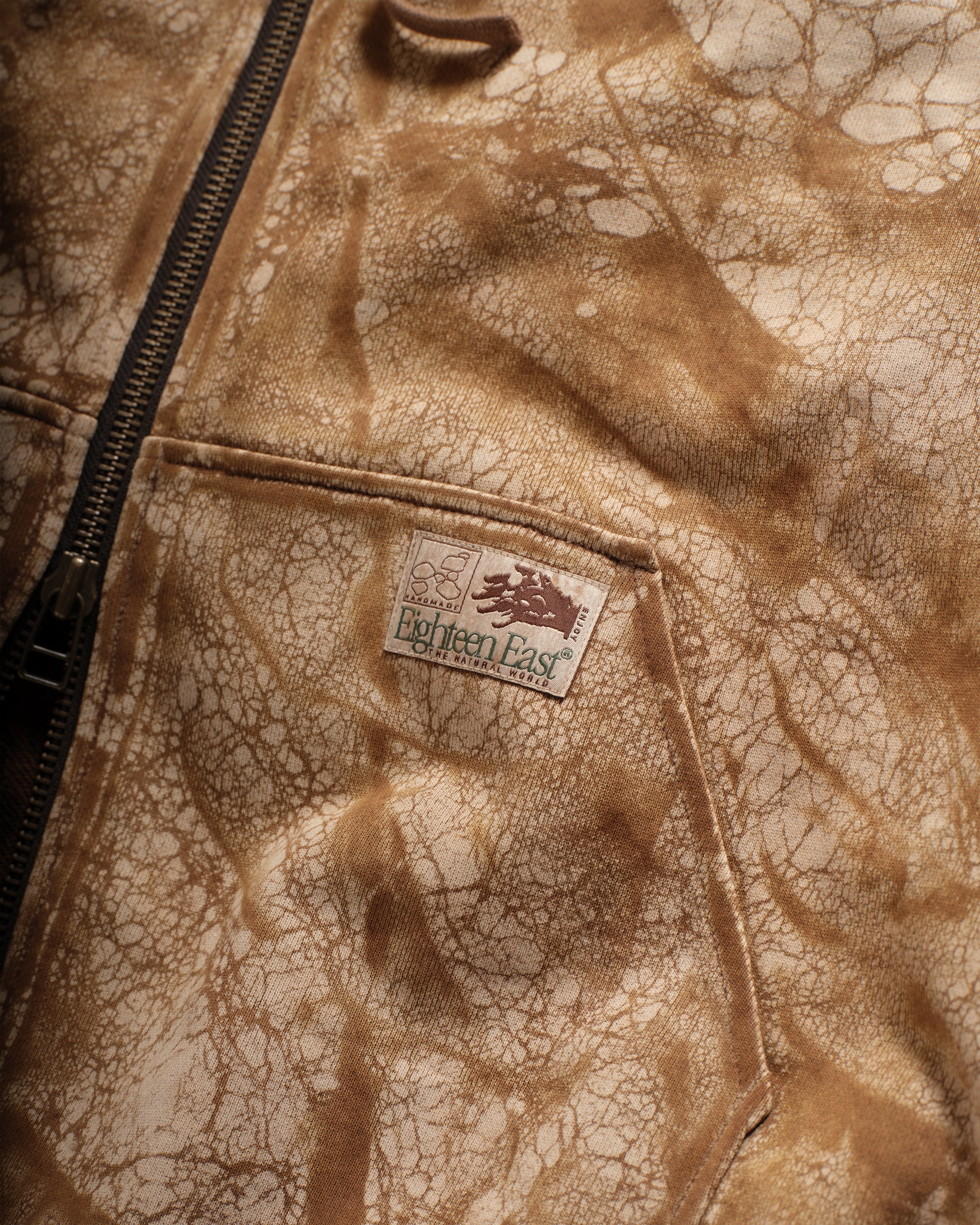TOLMIE FULLZIP SWEATSHIRT - CARAMEL DYED 19oz. ALL COTTON FLEECE WITH EARTH PAISLEY PRINTED LOOPBACK TERRY BACK
