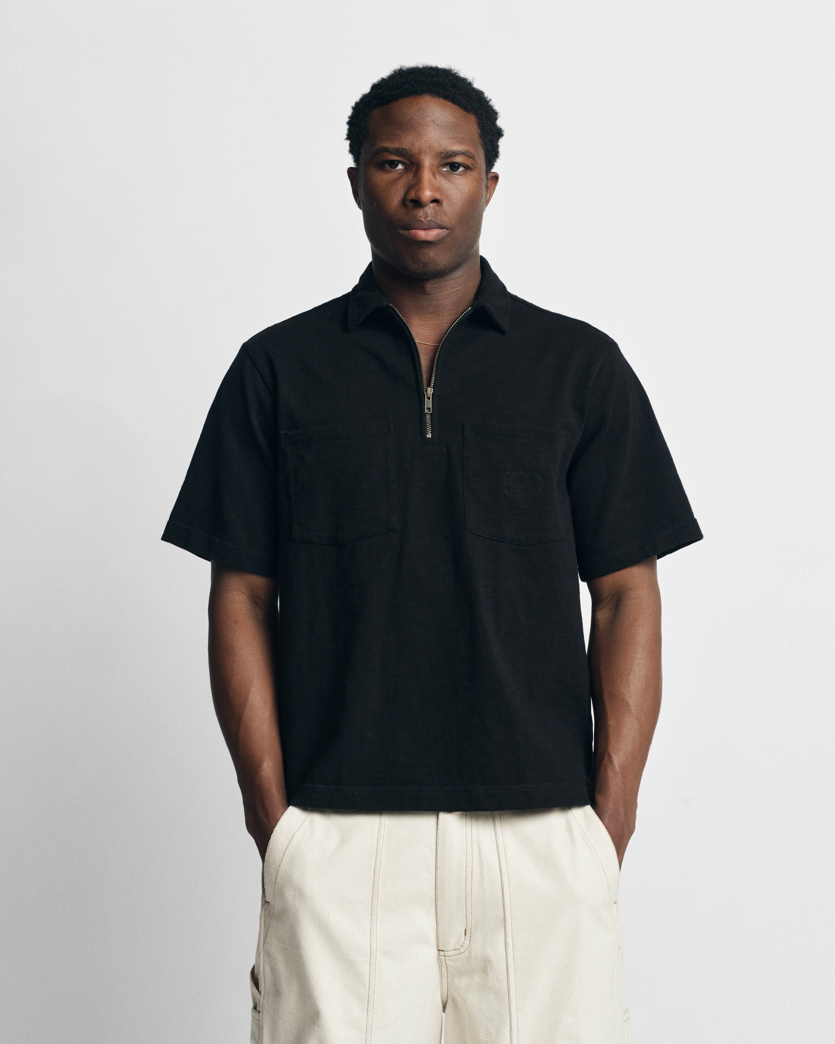 SS HOLLOW POLO - BLACK 9.2 oz SLUB COTTON JERSEY