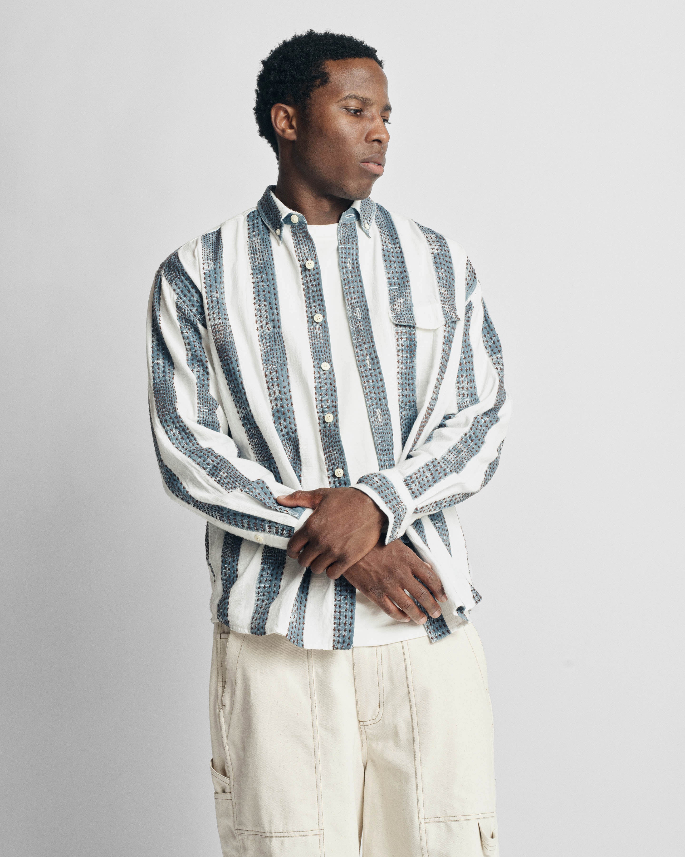 CHESTNUT BUTTON-DOWN SHIRT - NATURAL / INDIGO / CAFFE BLOCK PRINTED AND HAND EMBROIDERED JACQUARD STRIPE COTTON