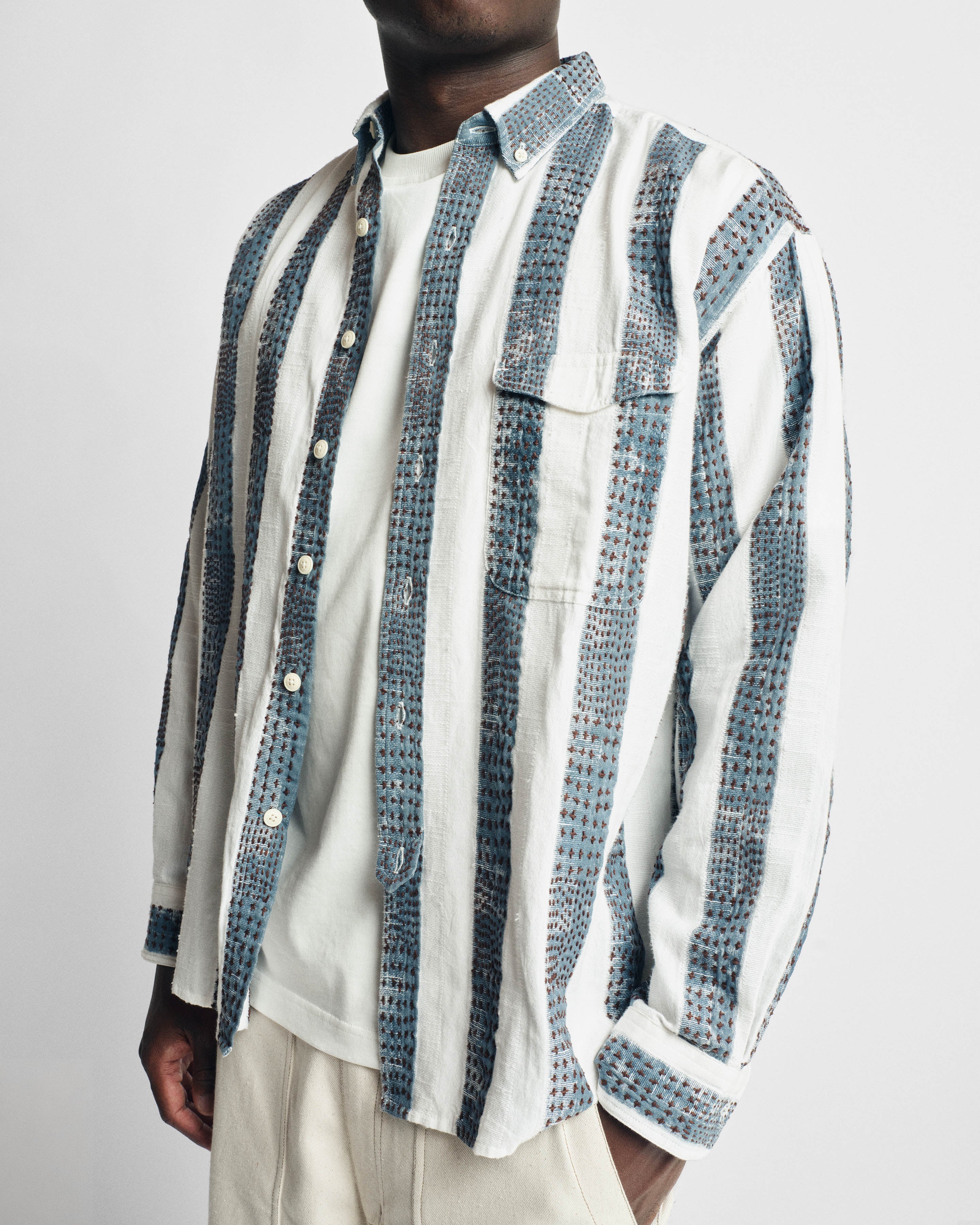 CHESTNUT BUTTON-DOWN SHIRT - NATURAL / INDIGO / CAFFE BLOCK PRINTED AND HAND EMBROIDERED JACQUARD STRIPE COTTON