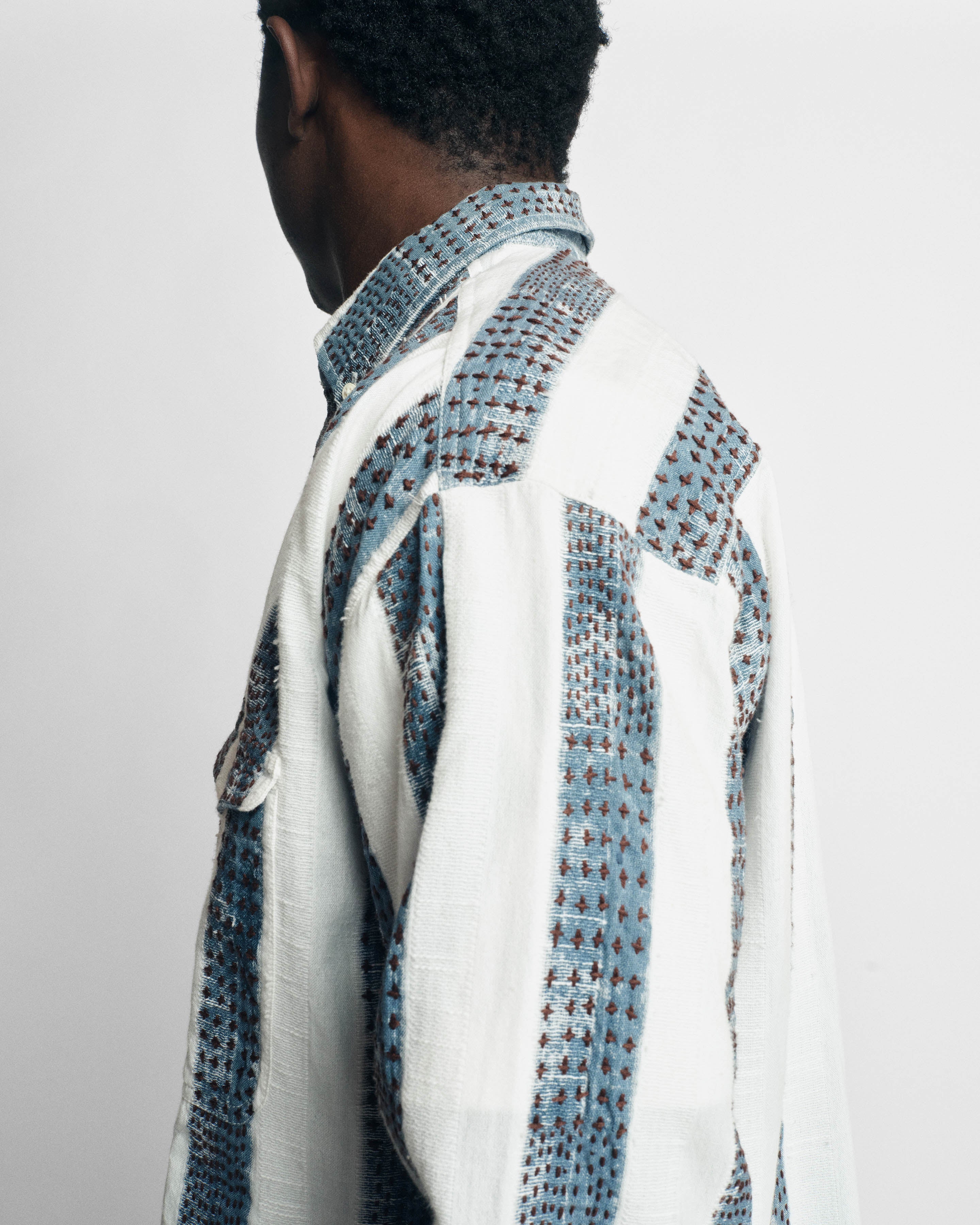 CHESTNUT BUTTON-DOWN SHIRT - NATURAL / INDIGO / CAFFE BLOCK PRINTED AND HAND EMBROIDERED JACQUARD STRIPE COTTON